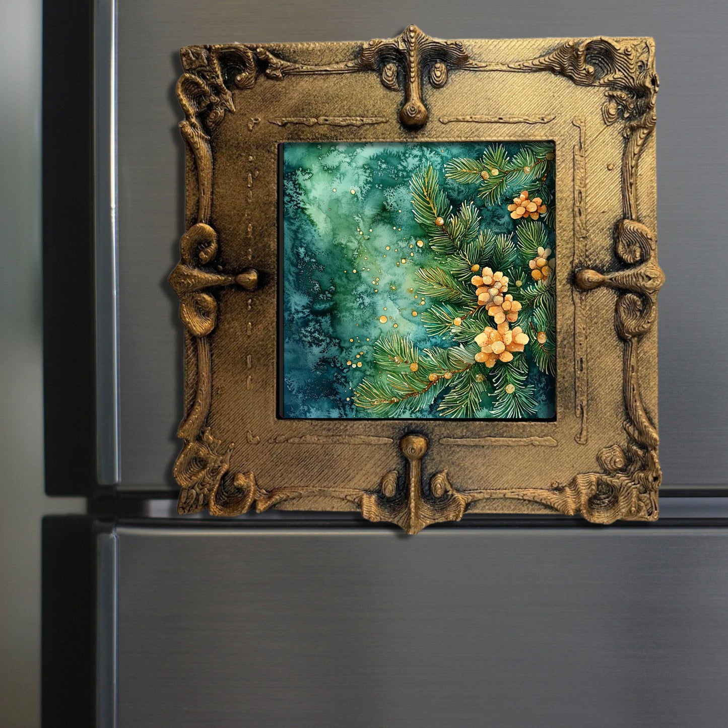 Christmas Pine Needle Study Tiny Art Fridge Magnet Gold Framed Fridgescaping Art Picture Gallery Tiny Art Gift for Her Wife Mom