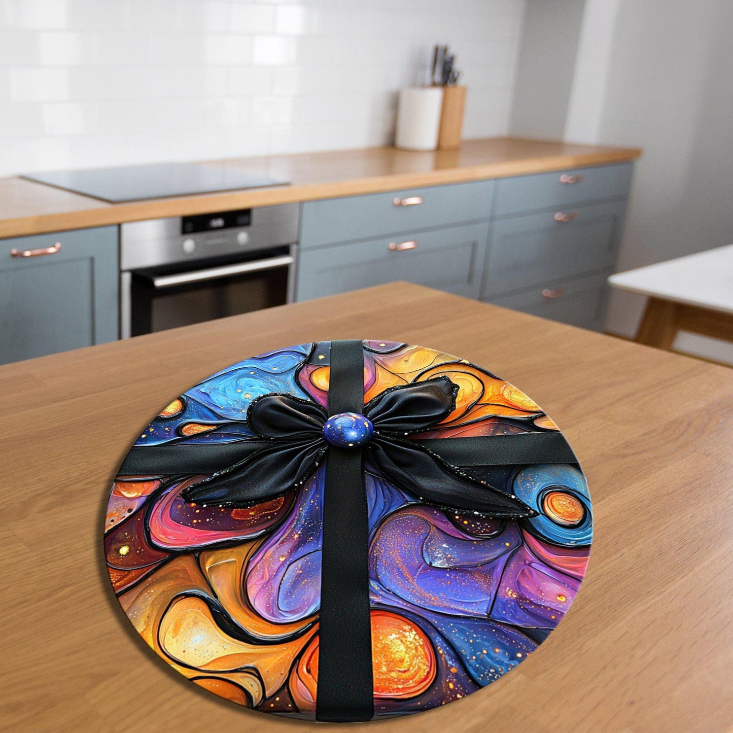 Tied Up in A Festive Bow Glass Cutting Board 8-inch Round Trivet Charcuterie Board Gift for Her Mom Kitchen Decor