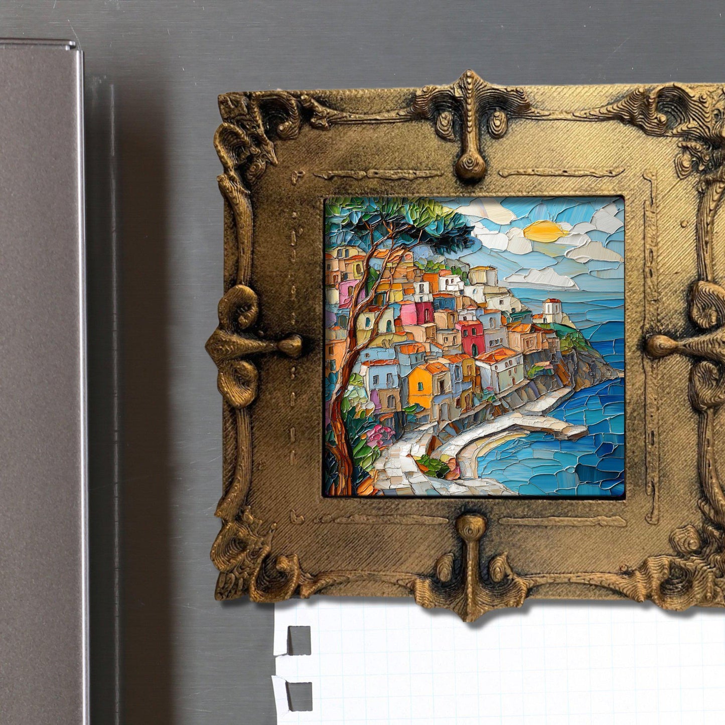 Positano Italy Gold Framed Refrigerator Magnet, Mini Art, Grand Millennial Style, Artful Kitchen Decor, Gift for Her fridgescaping
