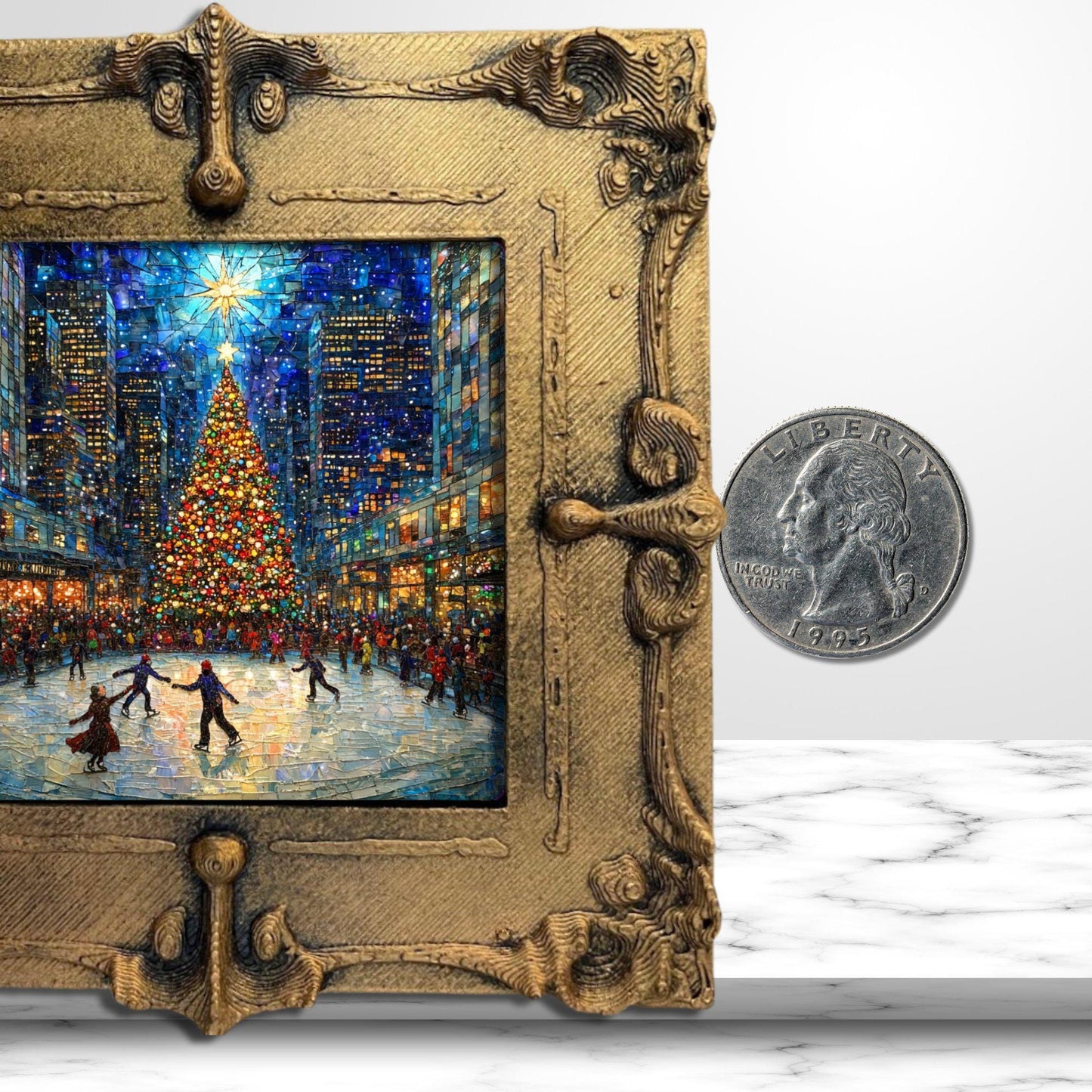 Ice Skating Rockefeller Center Tiny Art Fridge Magnet Gold Framed Fridgescaping Art Picture Gallery Tiny Gift for Her Wife Mom