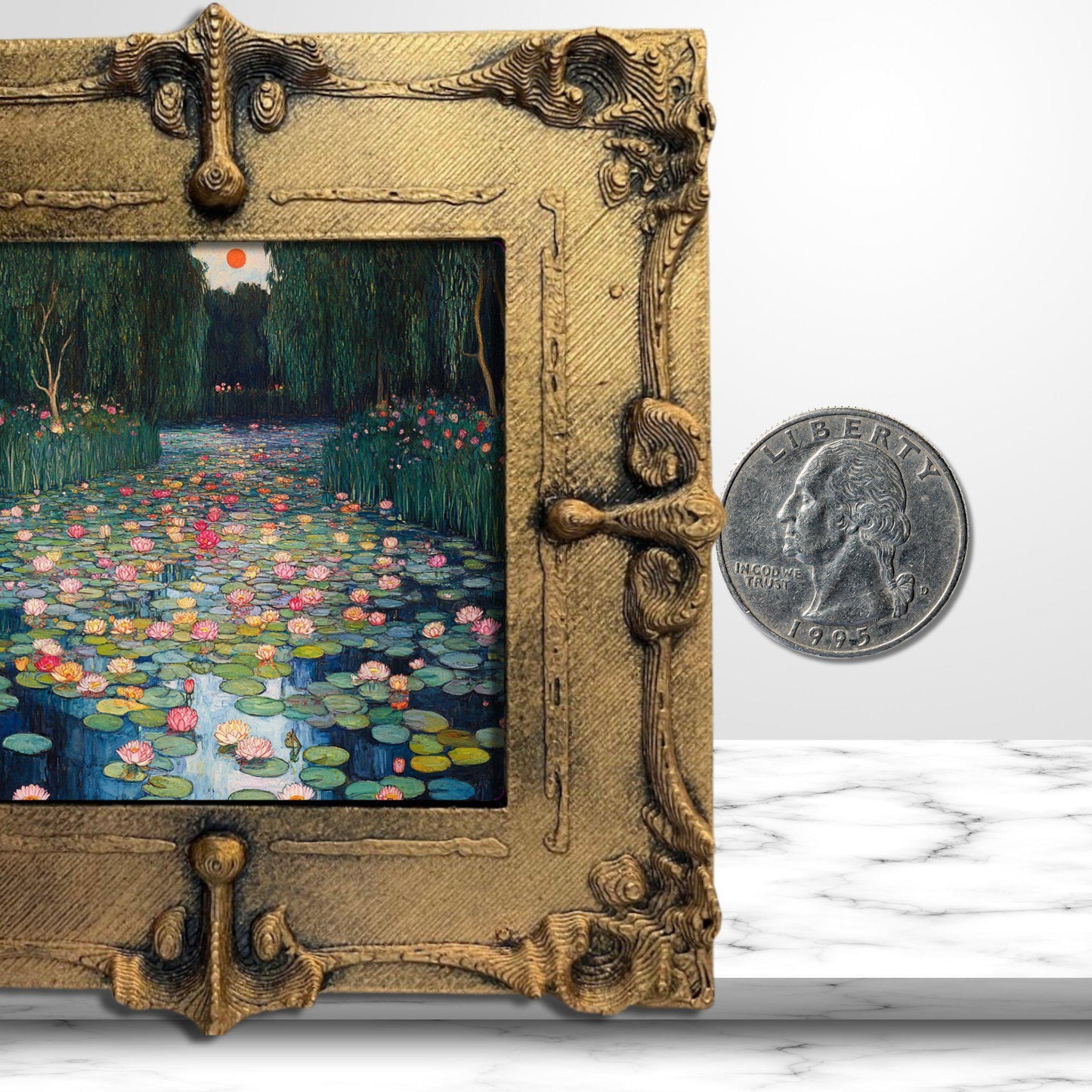 Pond with Lilies Gold Framed Refrigerator Magnet, Mini Art, Grand Millennial Style, Artful Kitchen Decor, Gift for Her fridgescaping