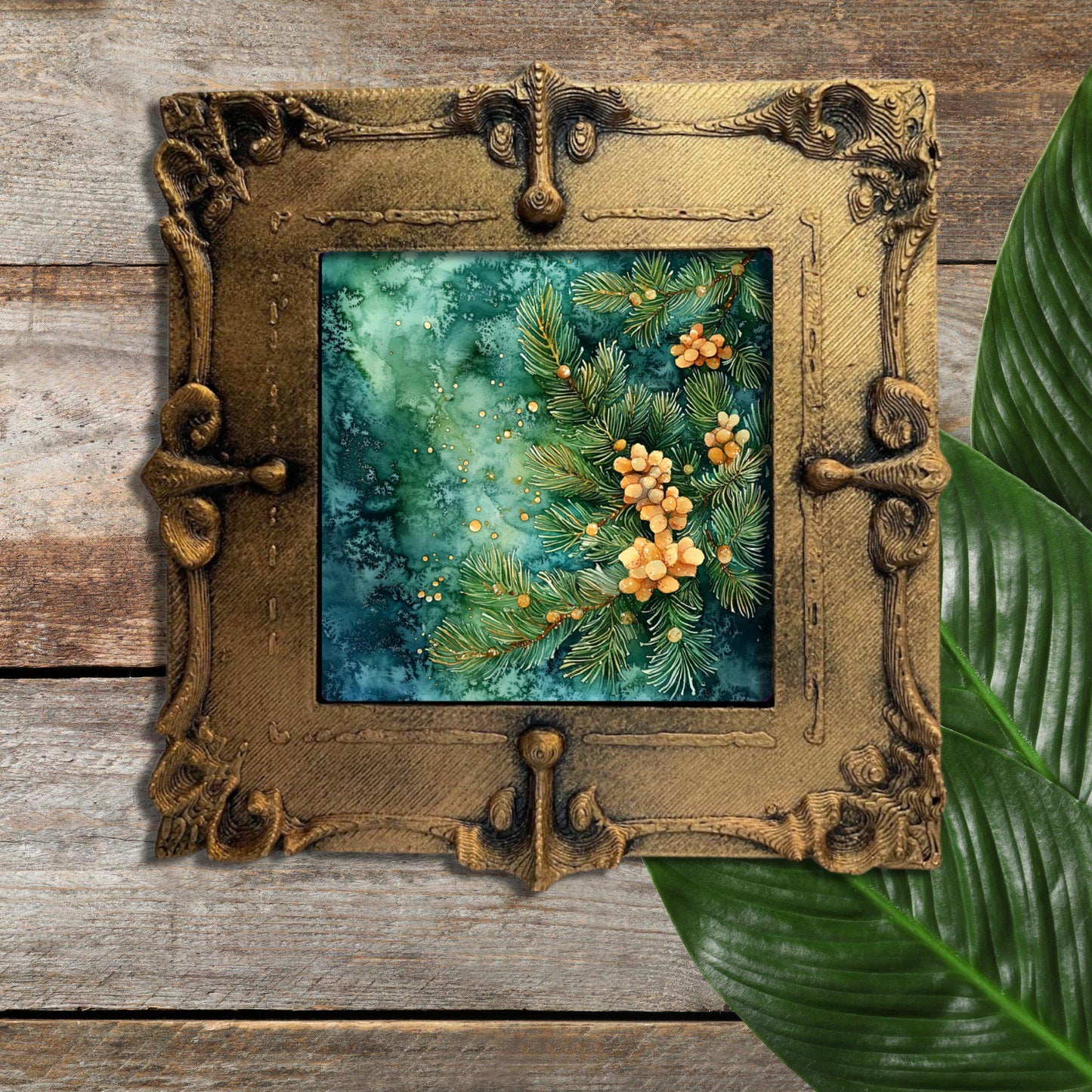 Christmas Pine Needle Study Tiny Art Fridge Magnet Gold Framed Fridgescaping Art Picture Gallery Tiny Art Gift for Her Wife Mom