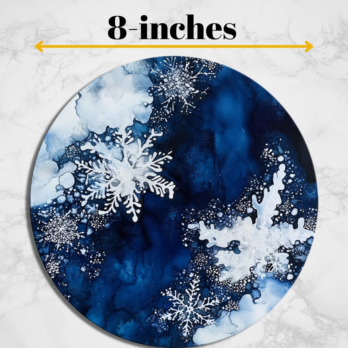 Snowflakes on Deep Blue Glass Cutting Board 8-inch Round Trivet Charcuterie Board Gift for Her Mom Kitchen Decor