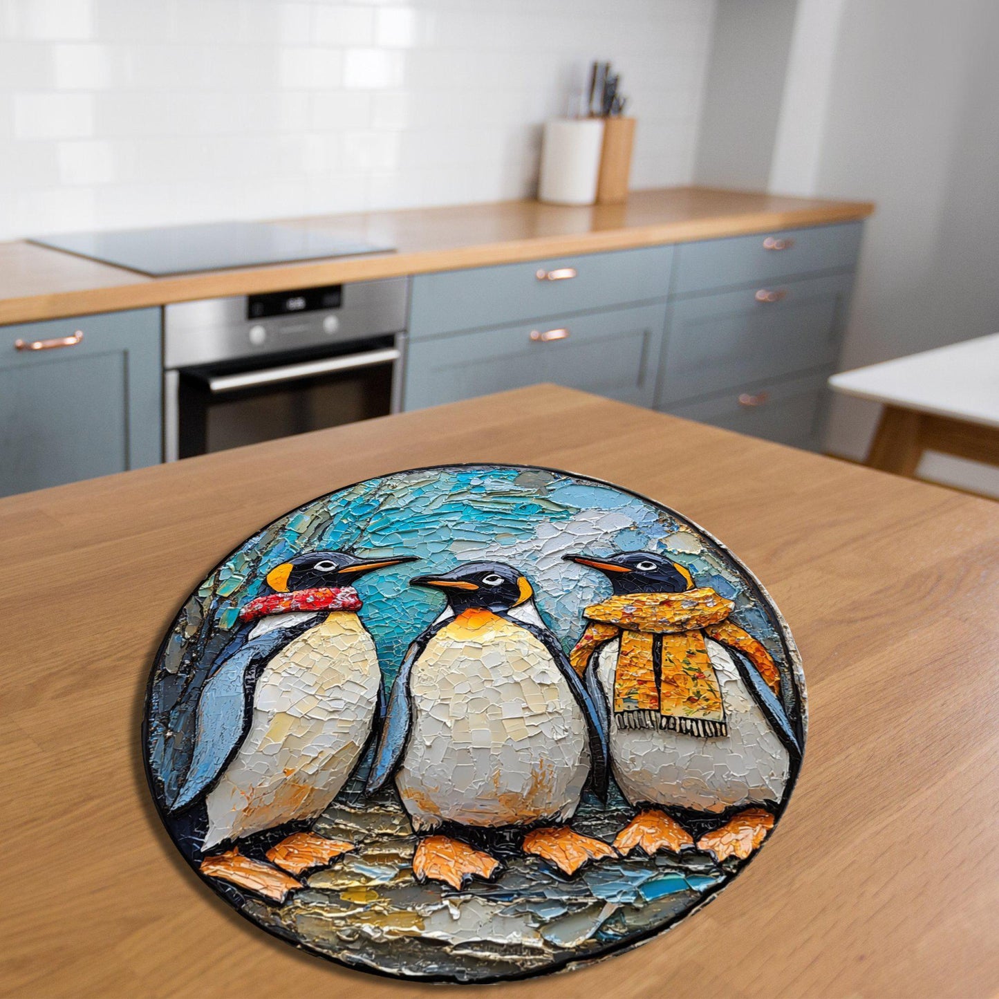 Penguins Ready for Christmas Glass Cutting Board 8-inch Round Trivet Charcuterie Board Gift for Her Mom Kitchen Decor