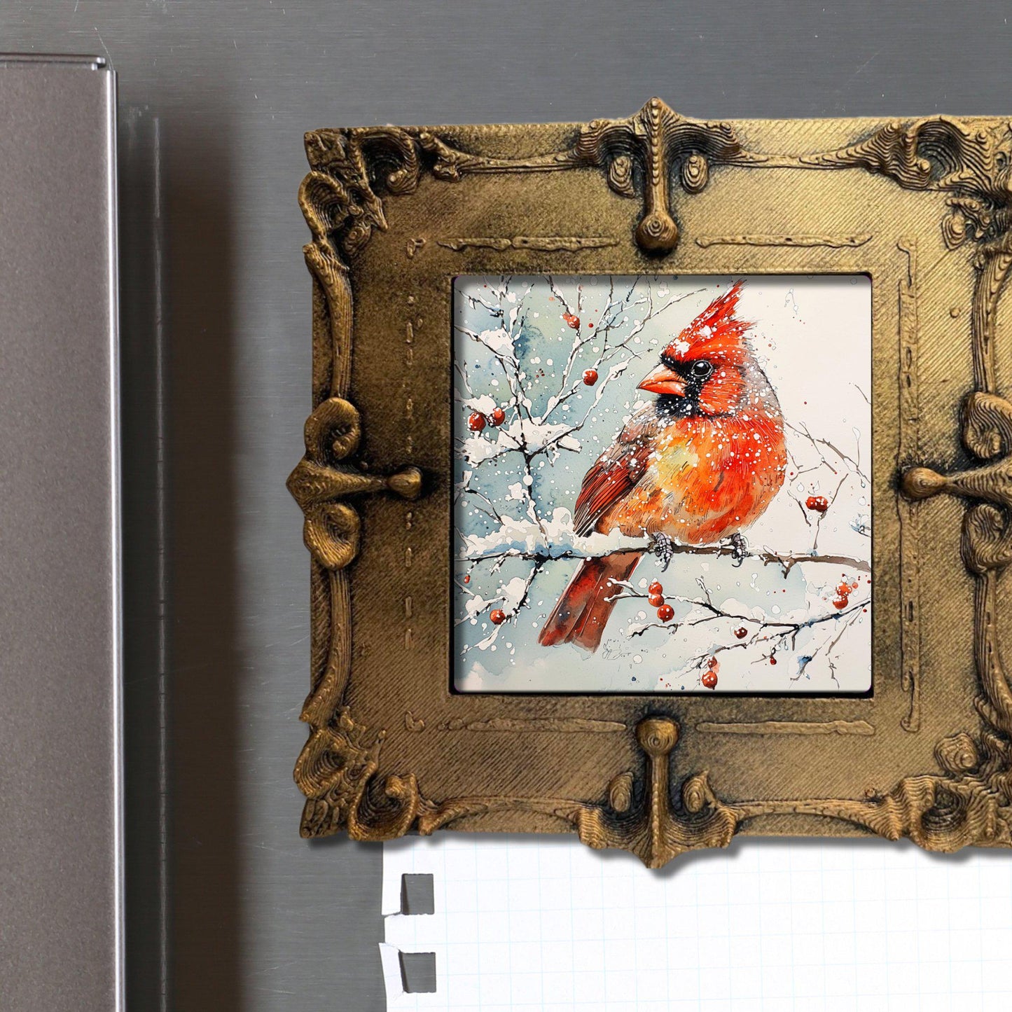 Wintery Cardinal Scene Tiny Art Fridge Magnet Gold Framed Fridgescaping Art Picture Gallery Tiny Art Gift for Her Wife Mom