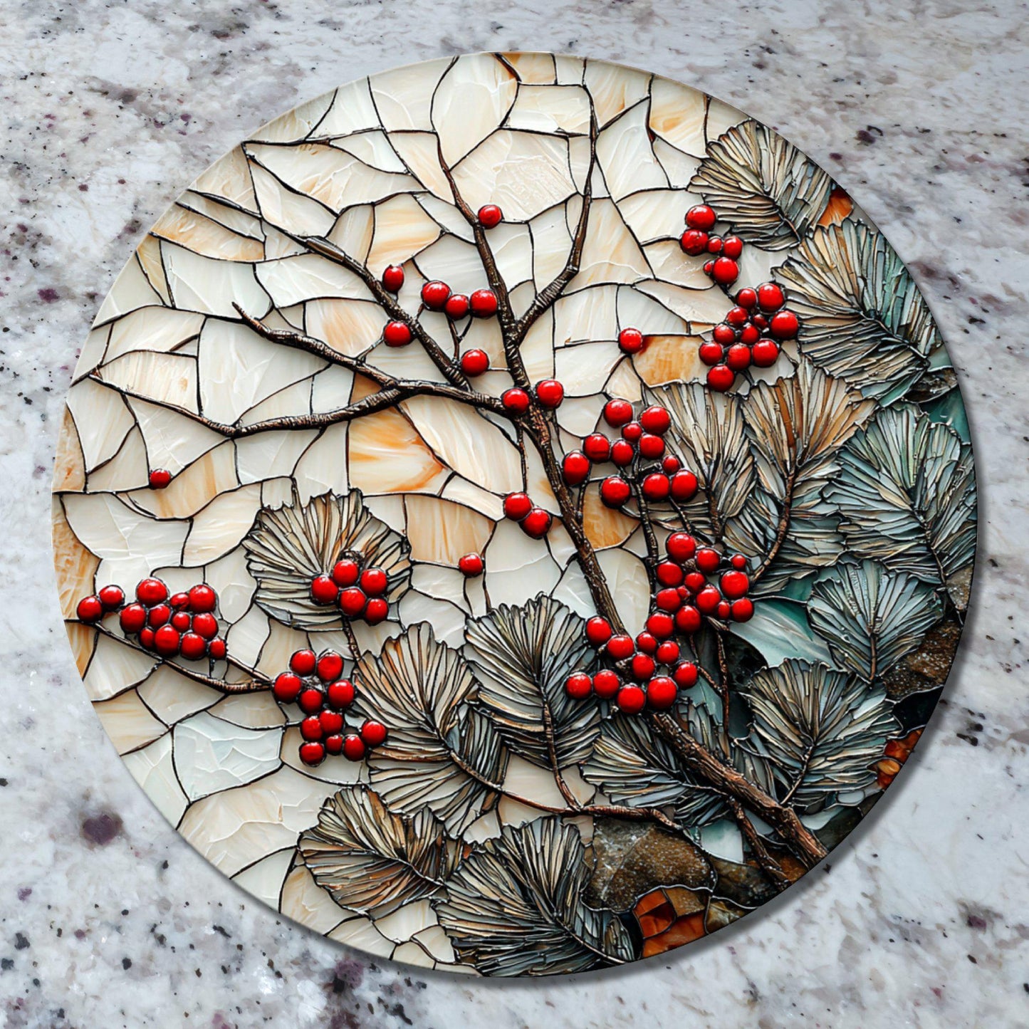 Red Berries in Winter Glass Cutting Board 8-inch Round Trivet Charcuterie Board Gift for Her Mom Kitchen Decor