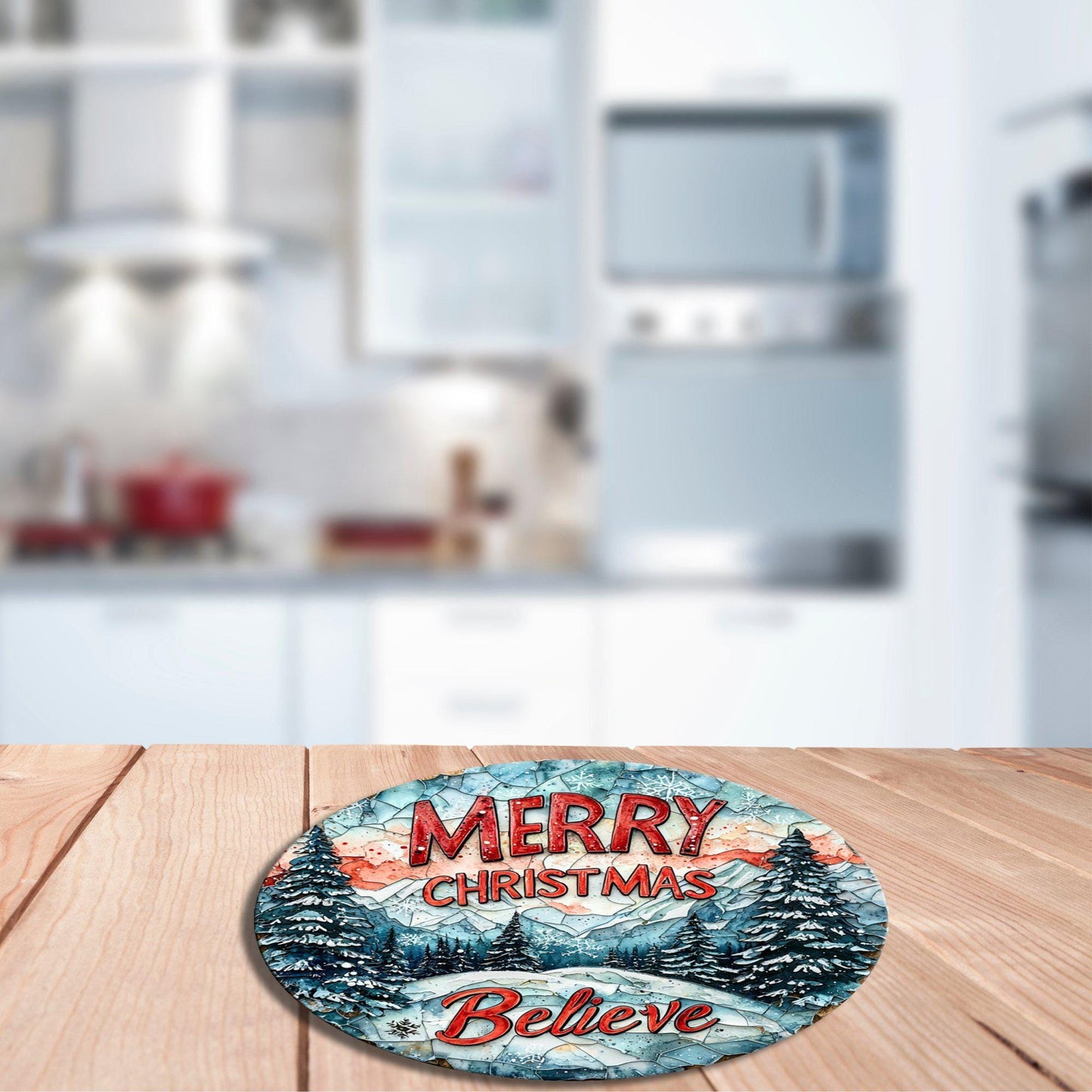 Merry Christmas Believe Glass Cutting Board 8-inch Round Trivet Charcuterie Board Gift for Her Mom Kitchen Decor