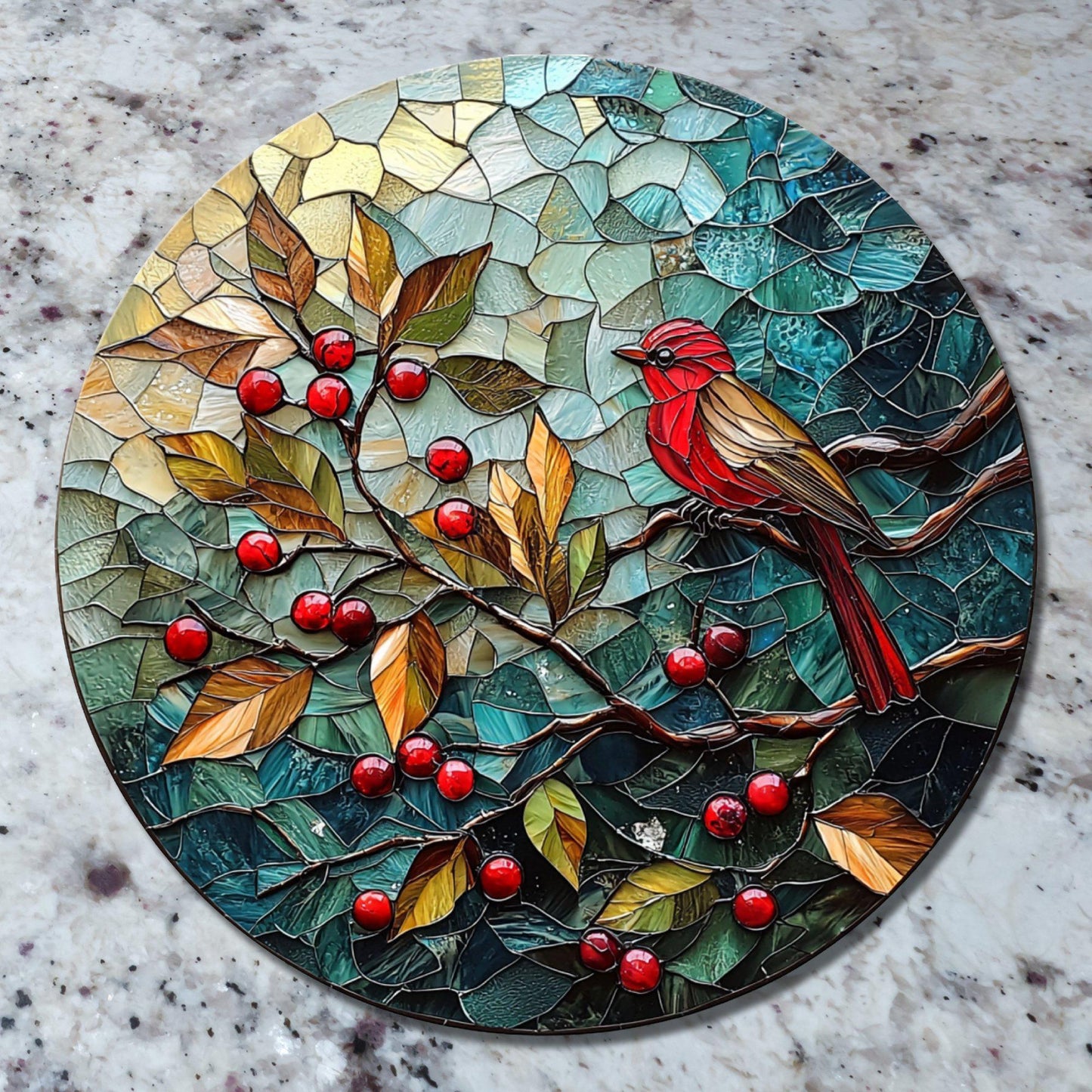 Red Bird Winter Glass Cutting Board 8-inch Round Trivet Charcuterie Board Gift for Her Mom Kitchen Decor