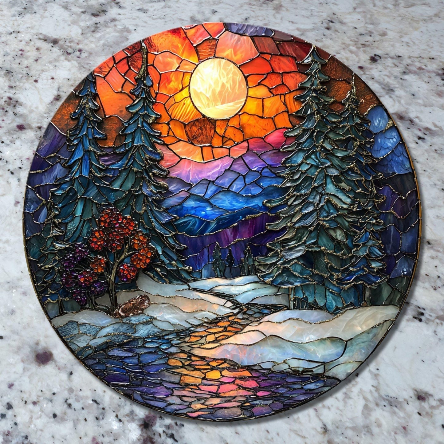 Winter Stream and Woods Glass Cutting Board 8-inch Round Trivet Charcuterie Board Gift for Her Mom Kitchen Decor