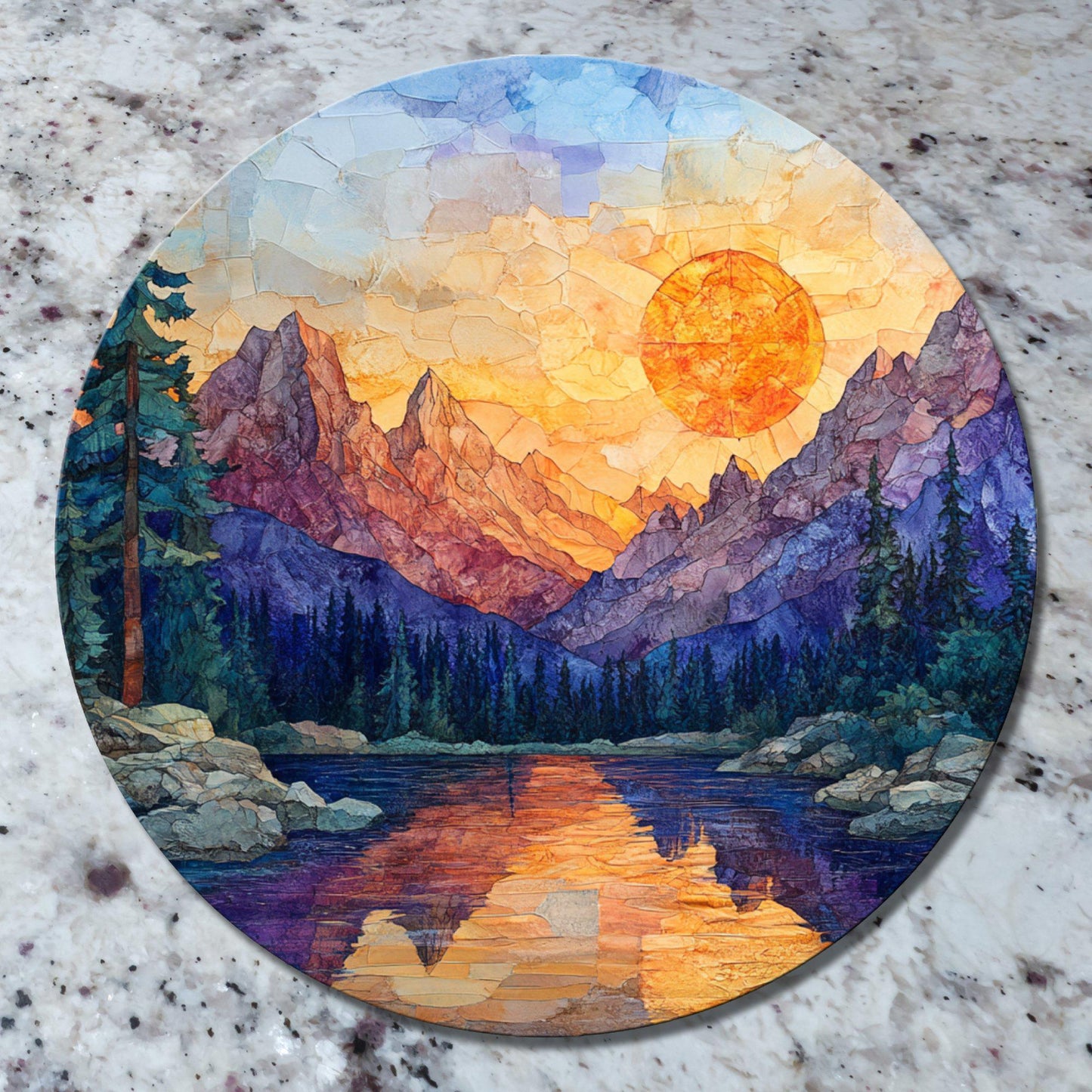 Rocky Mountain Sunrise Glass Cutting Board 8-inch Round Trivet Charcuterie Board Gift for Her Mom Kitchen Decor