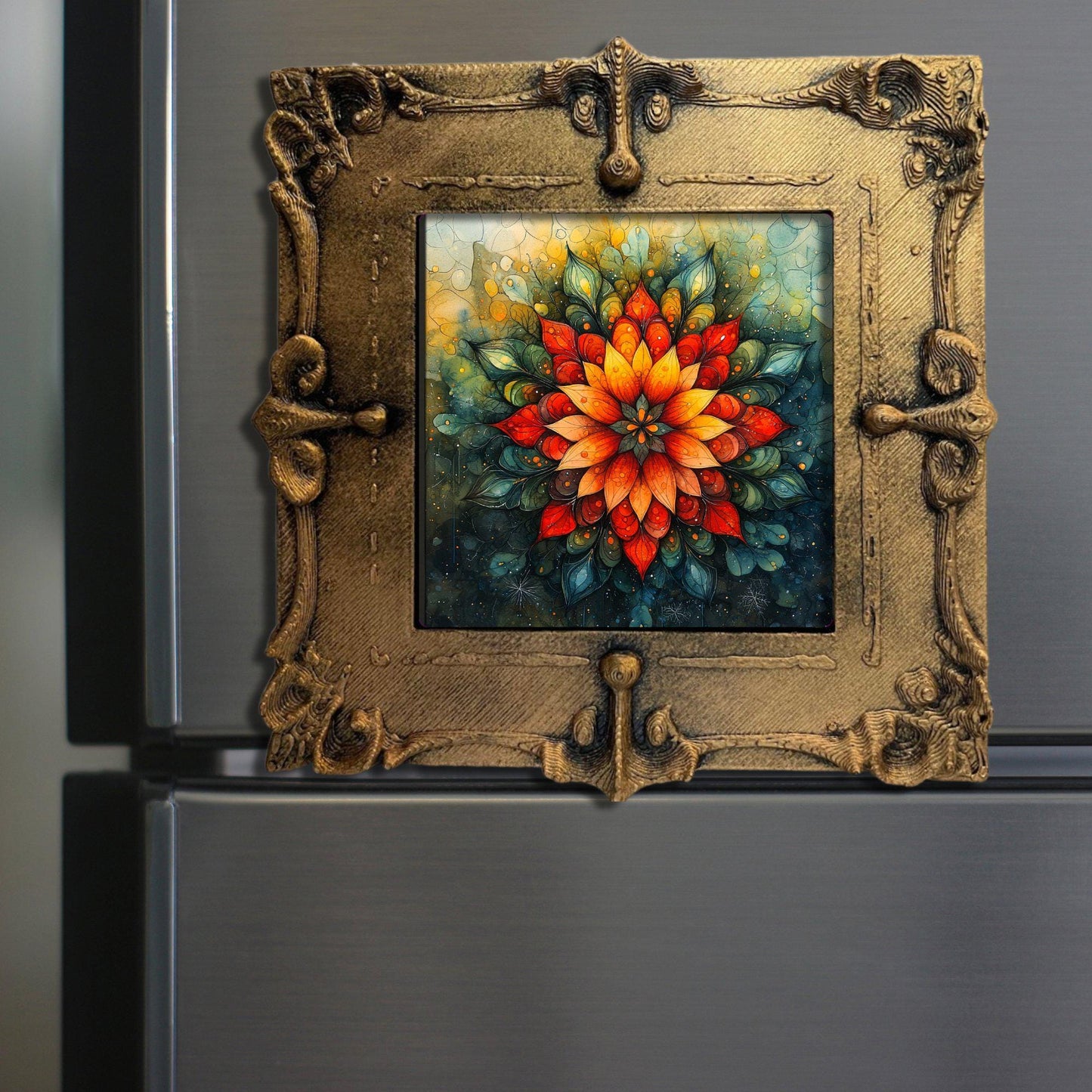 Christmas Themed Mandala Tiny Art Fridge Magnet Gold Framed Fridgescaping Art Picture Gallery Tiny Art Gift for Her Wife Mom