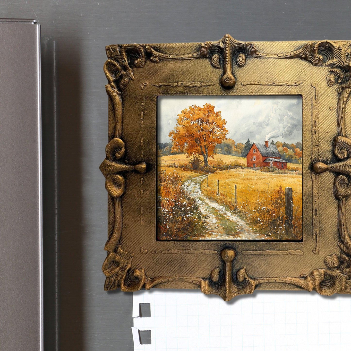 Rainy Autumn Farm Gold Framed Refrigerator Magnet, Mini Art, Grand Millennial Style, Artful Kitchen Decor, Gift for Her fridgescaping