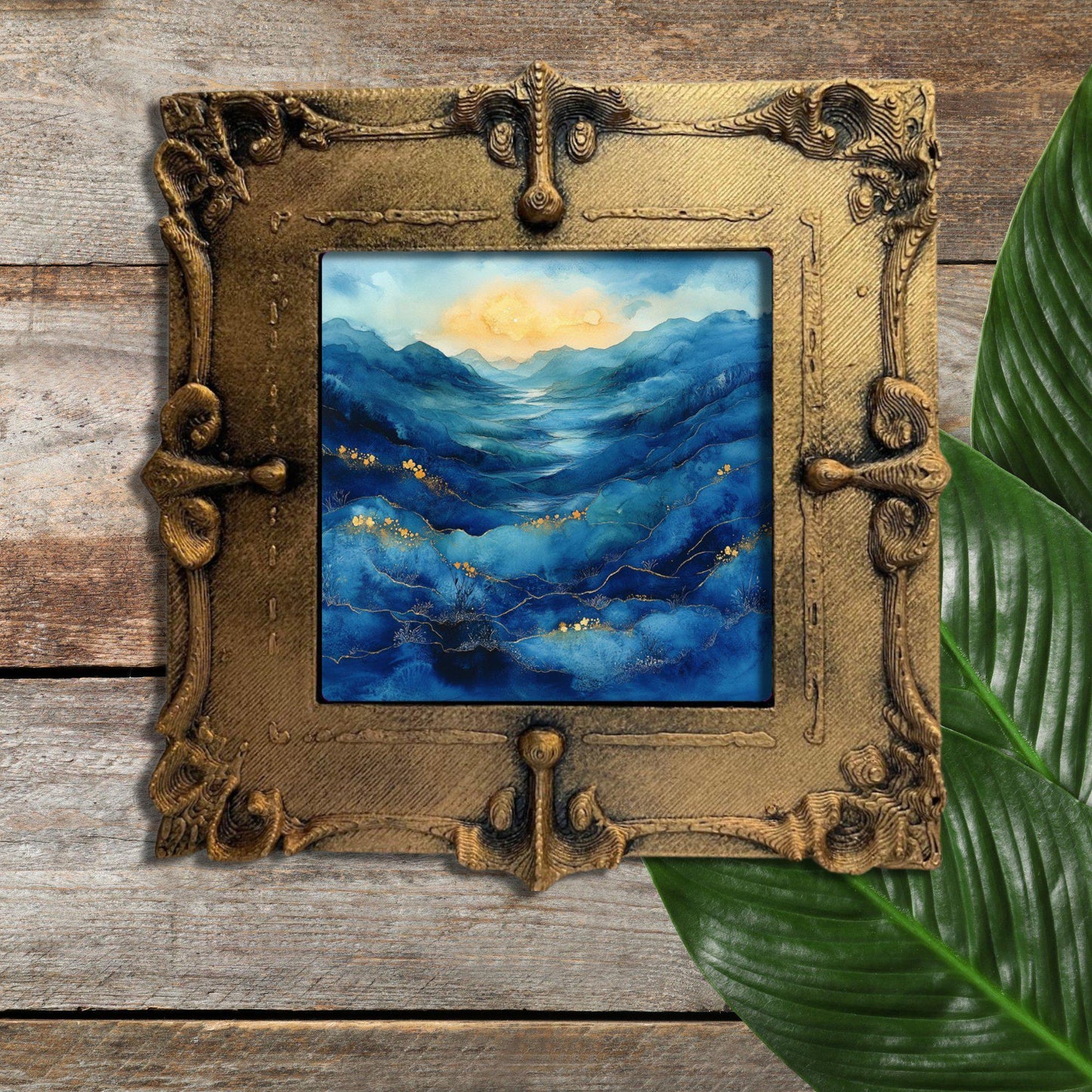 Blue Moors Alcohol Ink Gold Framed Refrigerator Magnet, Mini Art, Grand Millennial Style, Artful Kitchen Decor, Gift for Her fridgescaping