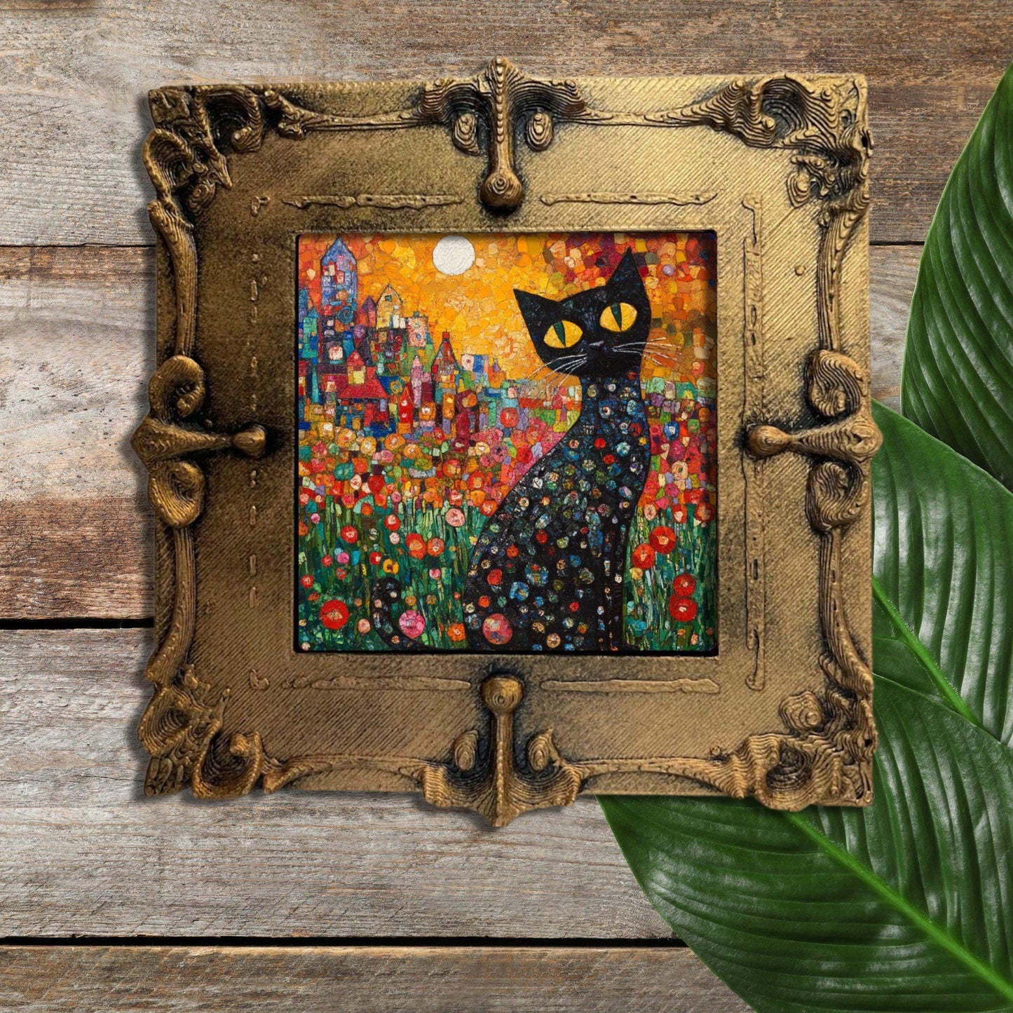 Garden Cat Klimt Style Gold Framed Refrigerator Magnet, Mini Art, Grand Millennial Style, Artful Kitchen Decor, Gift for Her fridgescaping