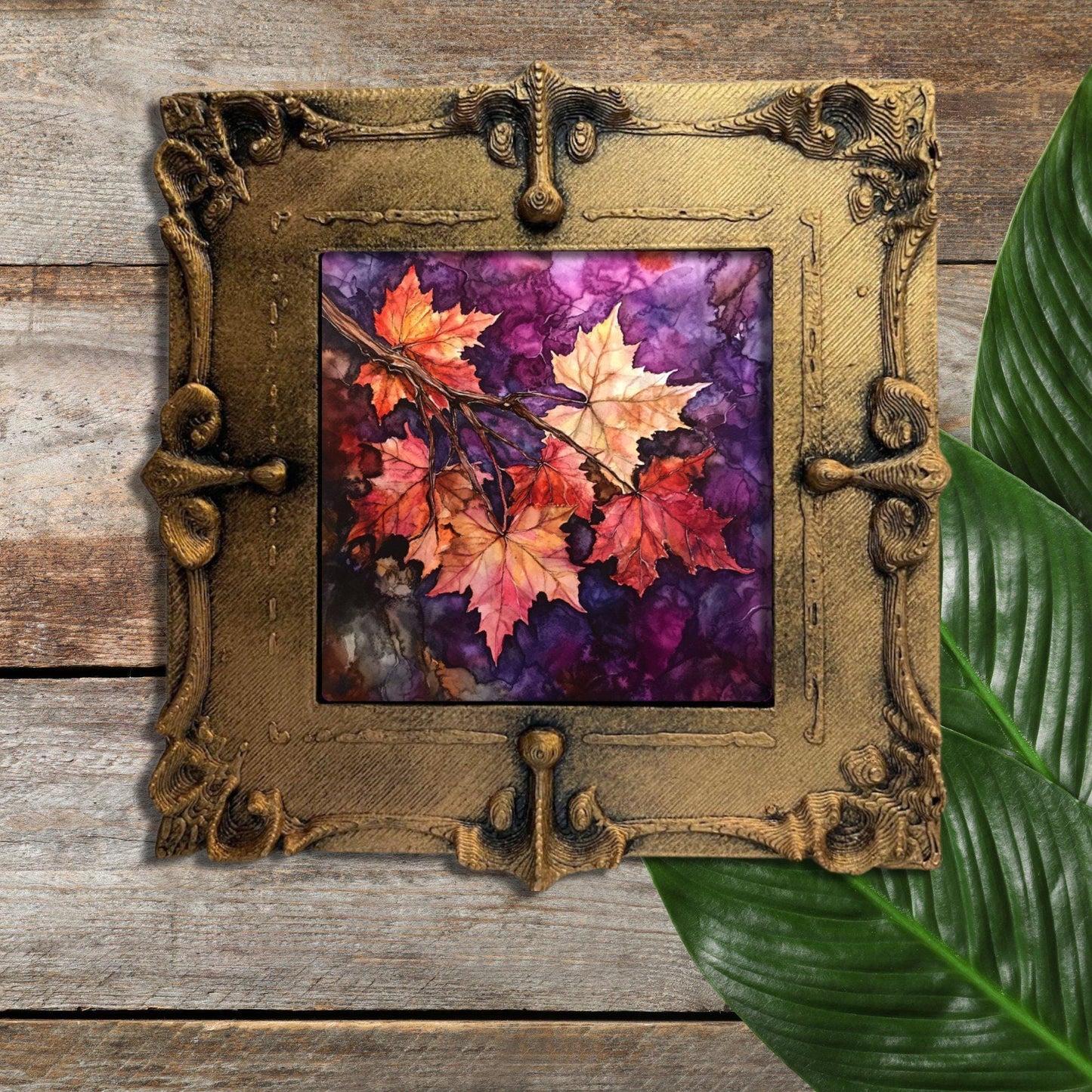 Maple Leaves Gold Framed Refrigerator Magnet, Mini Art, Grand Millennial Style, Artful Kitchen Decor, Gift for Her fridgescaping