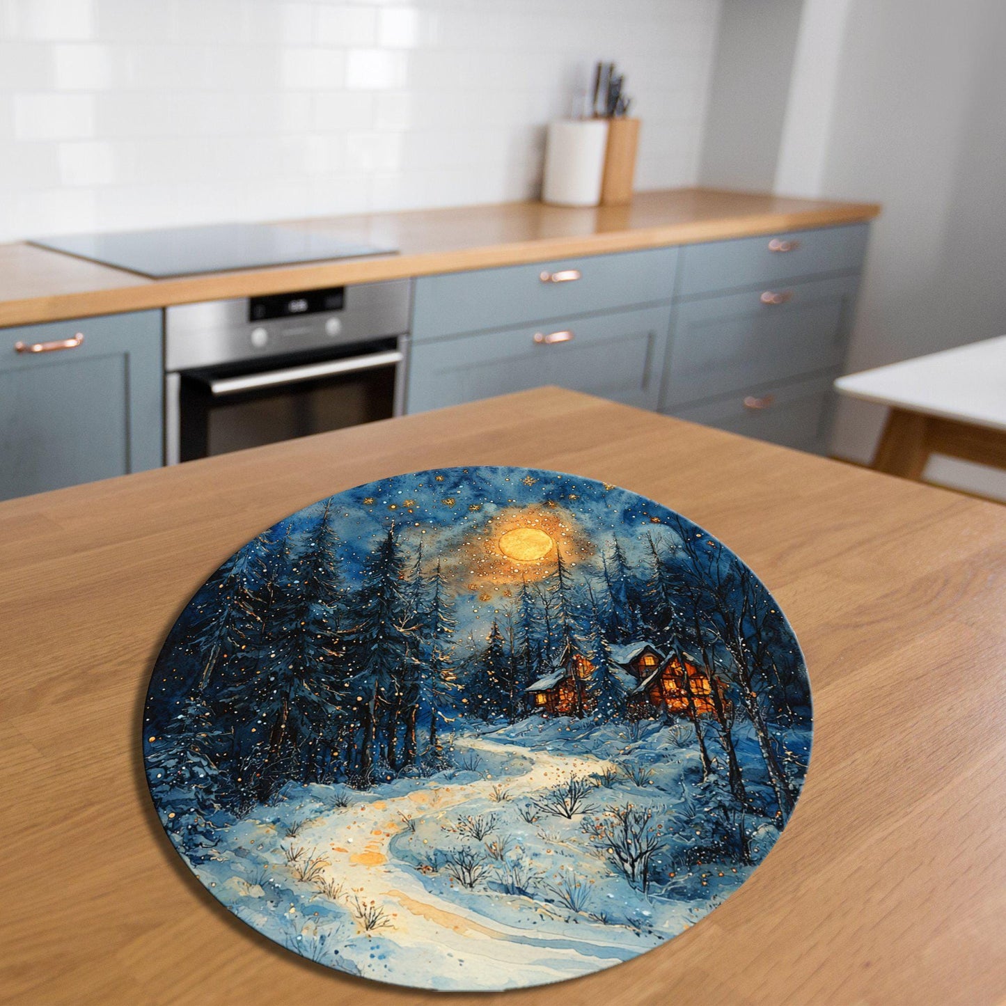 Cozy Christmas Cabin Glass Cutting Board 8-inch Round Trivet Charcuterie Board Gift for Her Mom Kitchen Decor