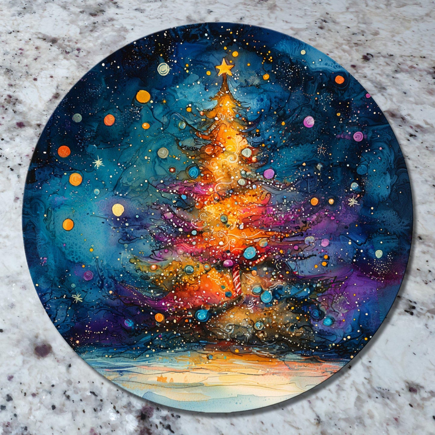 Christmas Tree in Alcohol Ink Glass Cutting Board 8-inch Round Trivet Charcuterie Board Gift for Her Mom Kitchen Decor