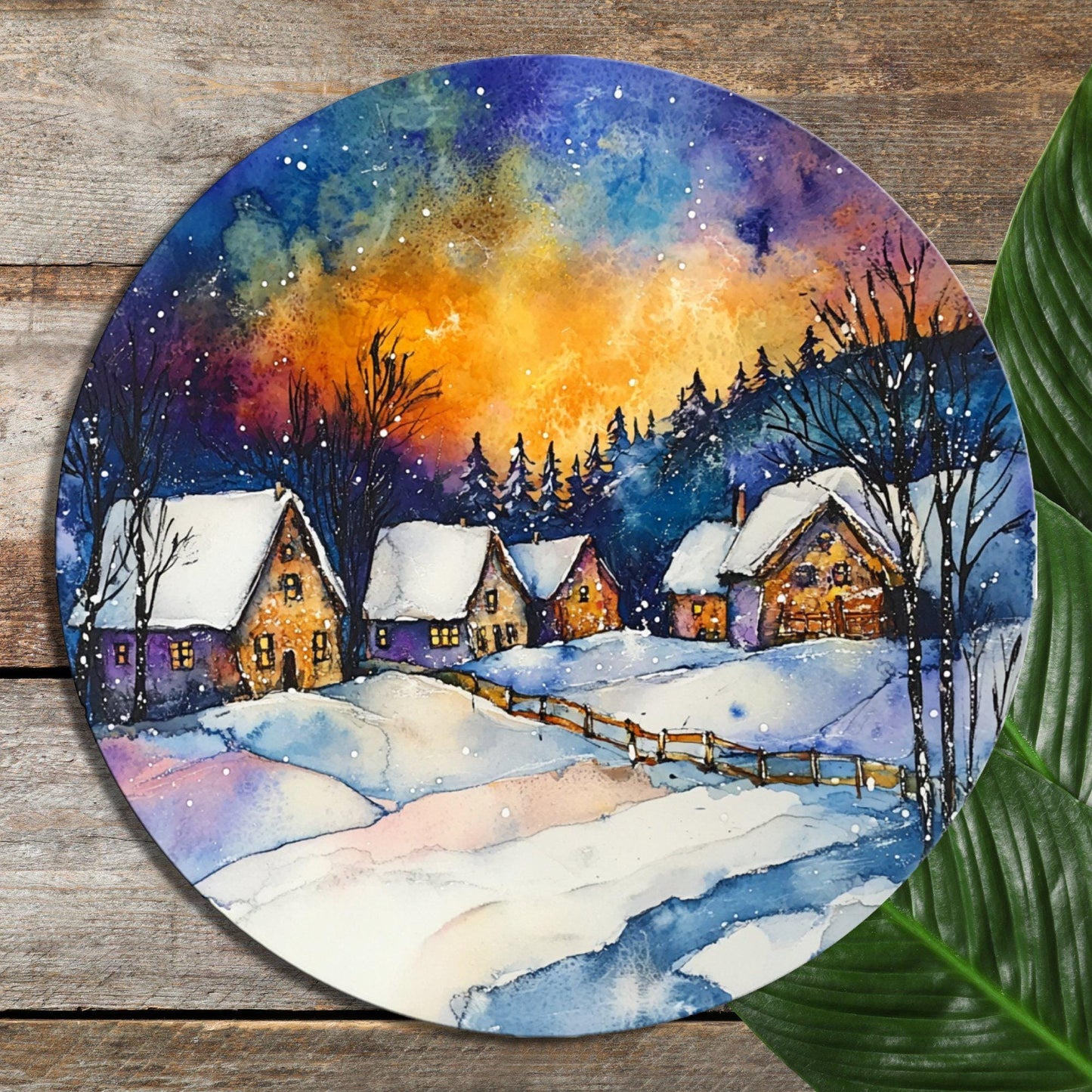 Northern Lights Christmas Glass Cutting Board 8-inch Round Trivet Charcuterie Board Gift for Her Mom Kitchen Decor