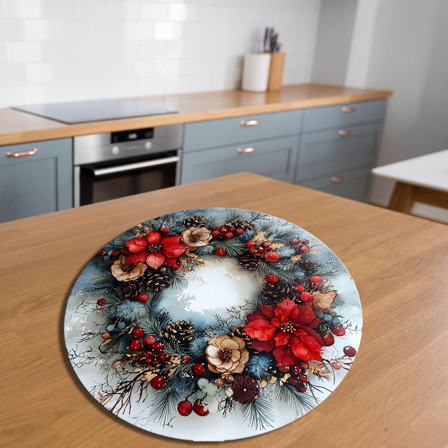 Winter Wreath Glass Cutting Board 8-inch Round Trivet Charcuterie Board Gift for Her Mom Kitchen Decor