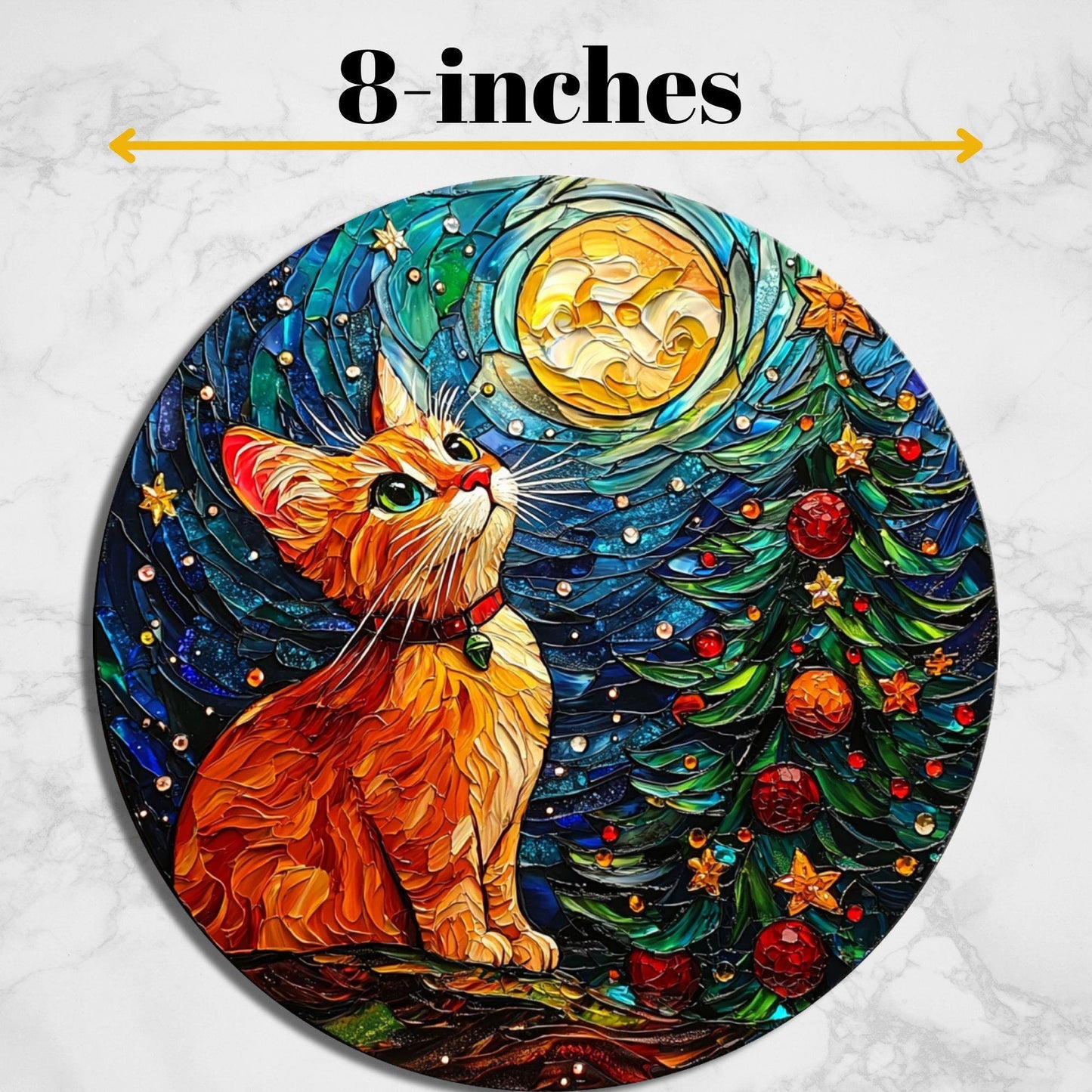 Kitten and Christmas Tree Glass Cutting Board 8-inch Round Trivet Charcuterie Board Gift for Her Mom Kitchen Decor