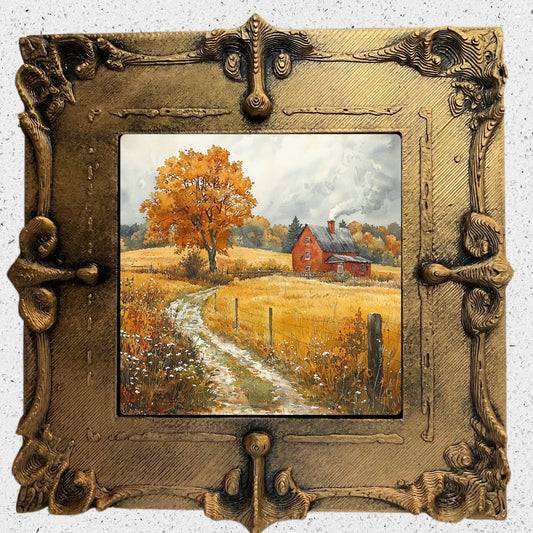 Rainy Autumn Farm Gold Framed Refrigerator Magnet, Mini Art, Grand Millennial Style, Artful Kitchen Decor, Gift for Her fridgescaping