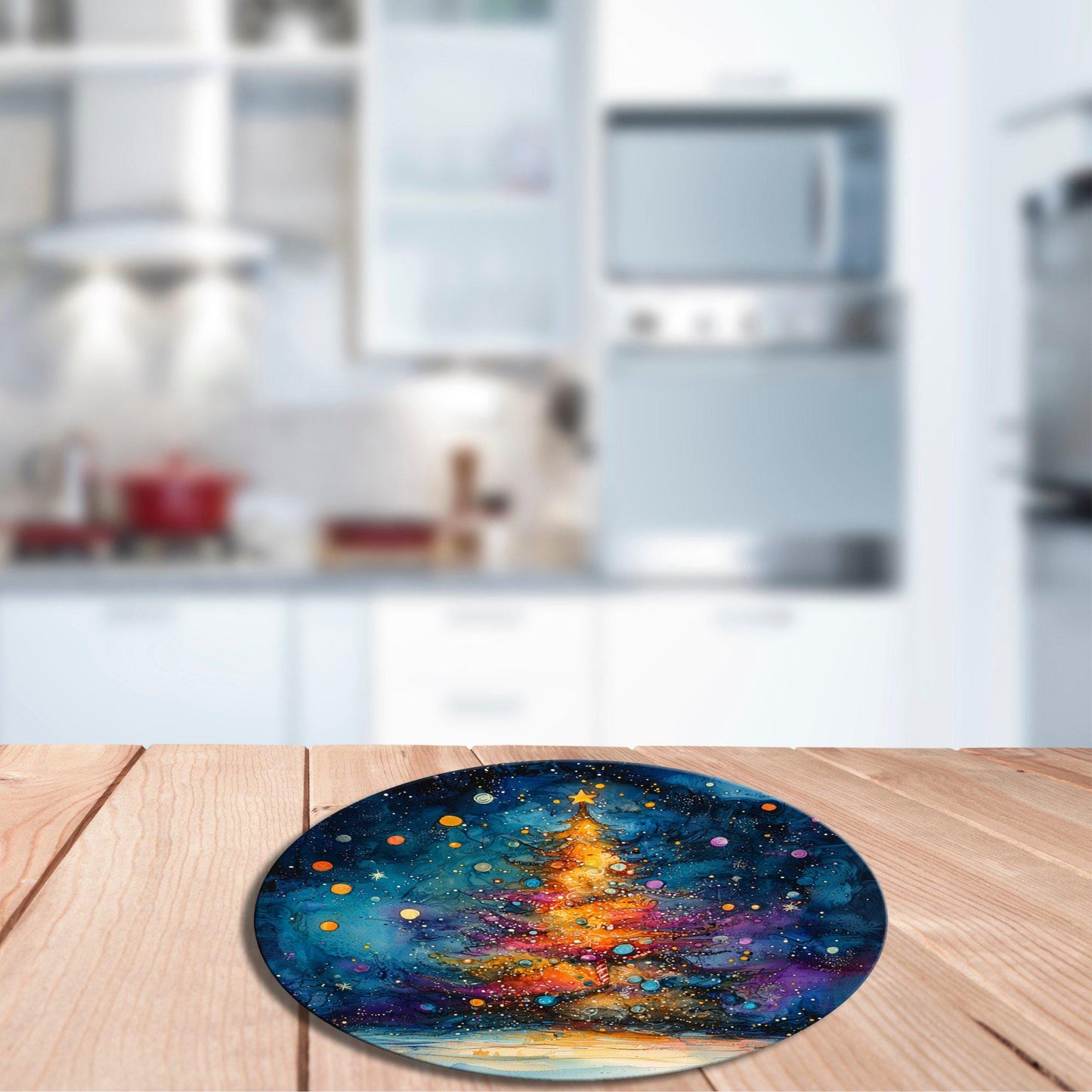 Christmas Tree in Alcohol Ink Glass Cutting Board 8-inch Round Trivet Charcuterie Board Gift for Her Mom Kitchen Decor