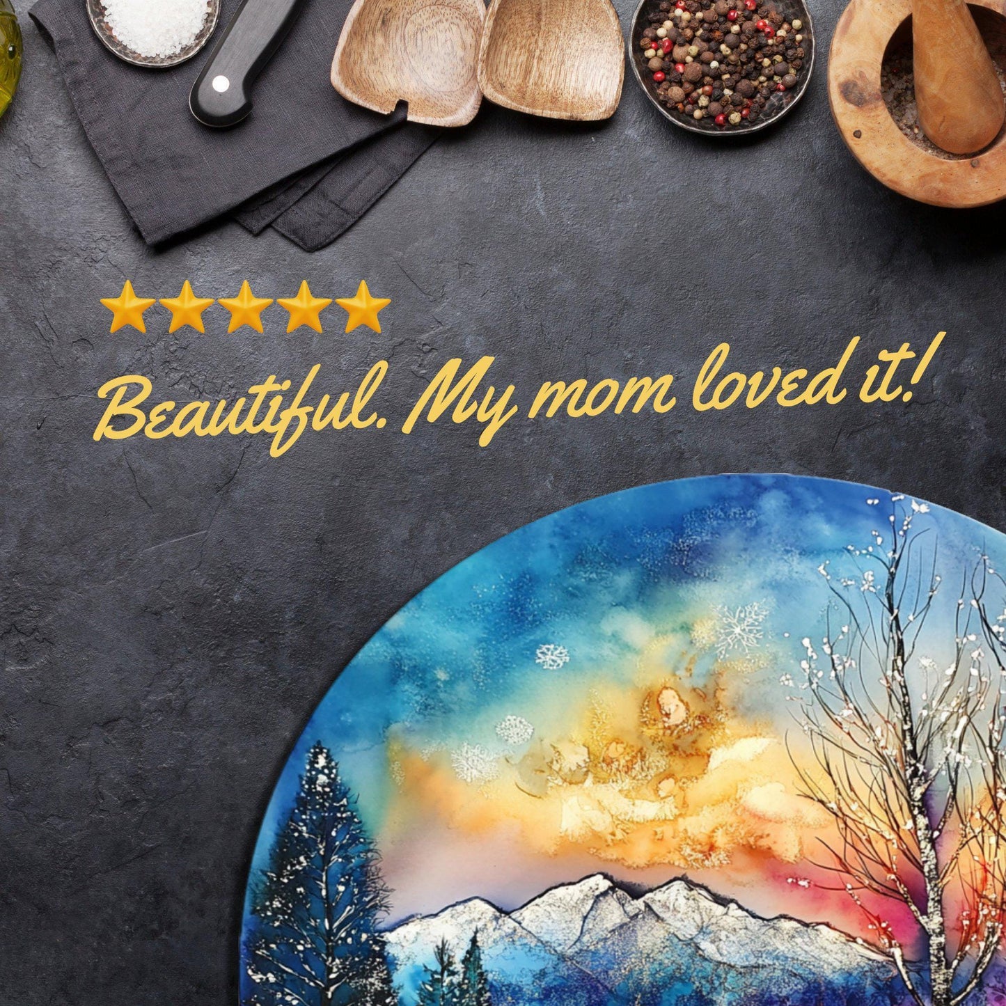 Peaceful Winter Meadow Glass Cutting Board 8-inch Round Trivet Charcuterie Board Gift for Her Mom Kitchen Decor