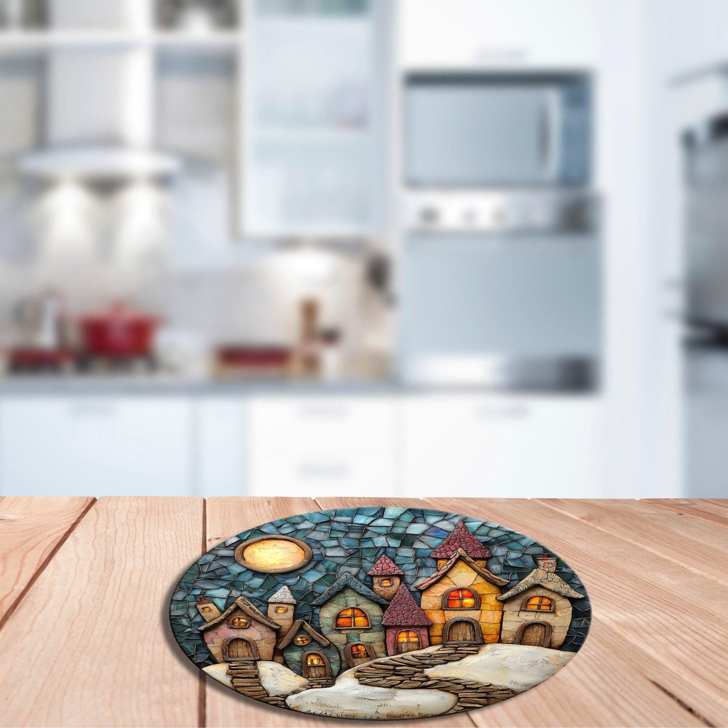 Christmas Village Glass Cutting Board 8-inch Round Trivet Charcuterie Board Gift for Her Mom Kitchen Decor