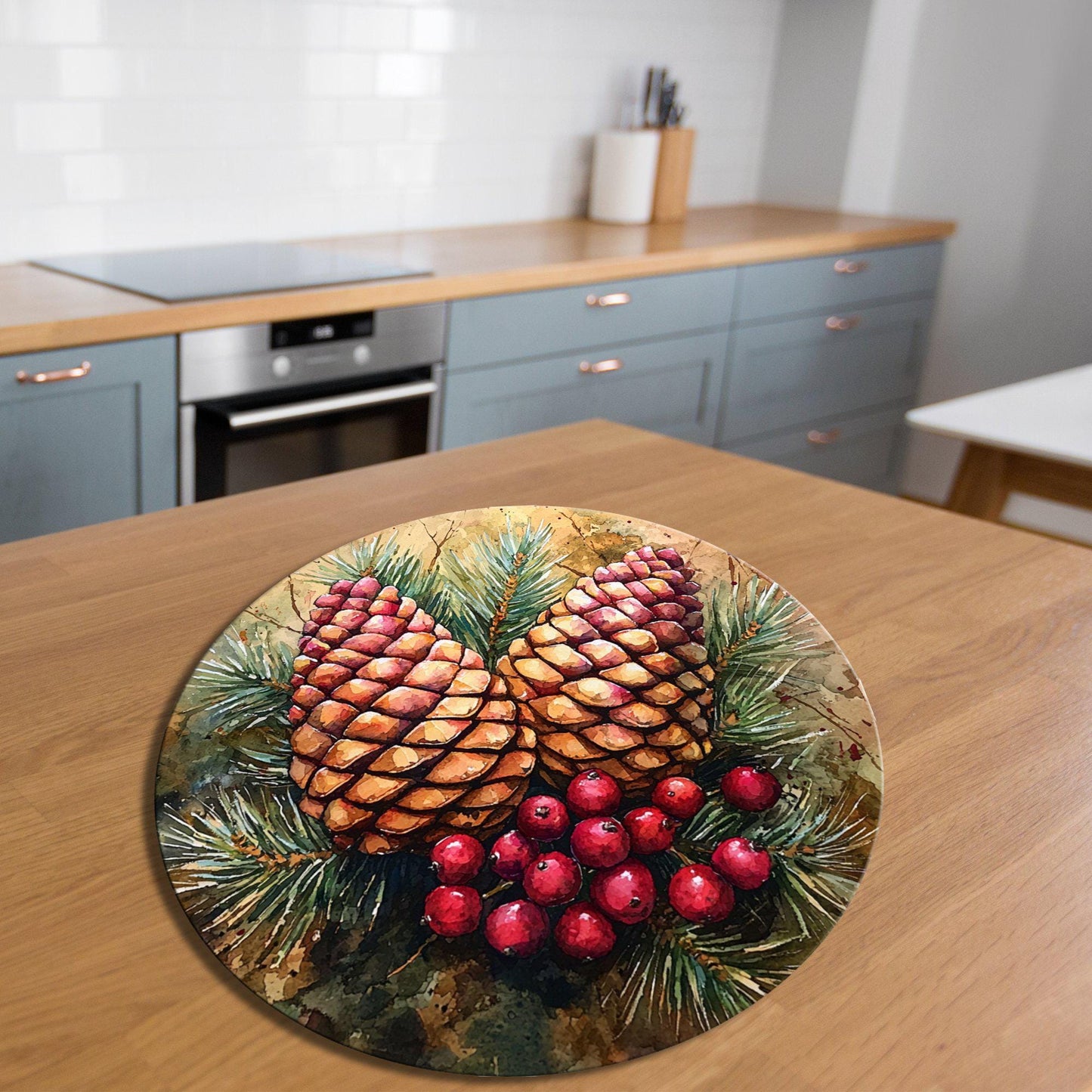 Pinecones and Red Berries Glass Cutting Board 8-inch Round Trivet Charcuterie Board Gift for Her Mom Kitchen Decor