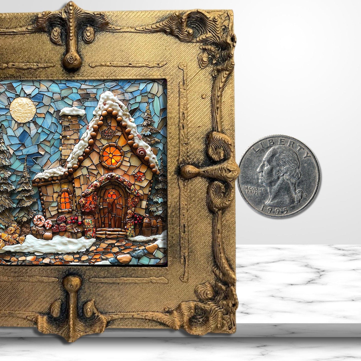 Gingerbread Stained Glass Tiny Art Fridge Magnet Gold Framed Fridgescaping Art Picture Gallery Tiny Art Gift for Her Wife Mom