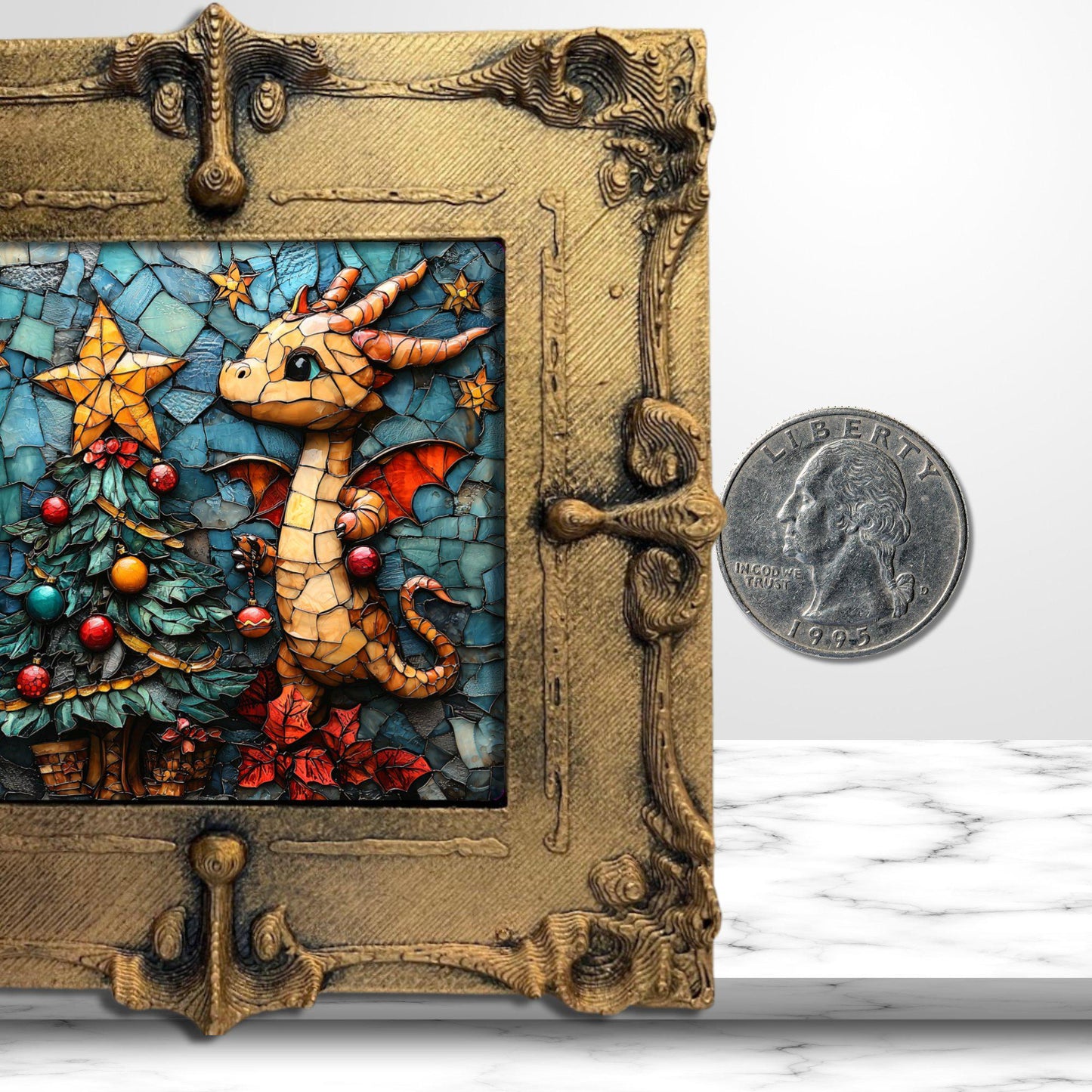 Dragon Christmas Tree Tiny Art Fridge Magnet Gold Framed Fridgescaping Art Picture Gallery Tiny Art Gift for Her Wife Mom