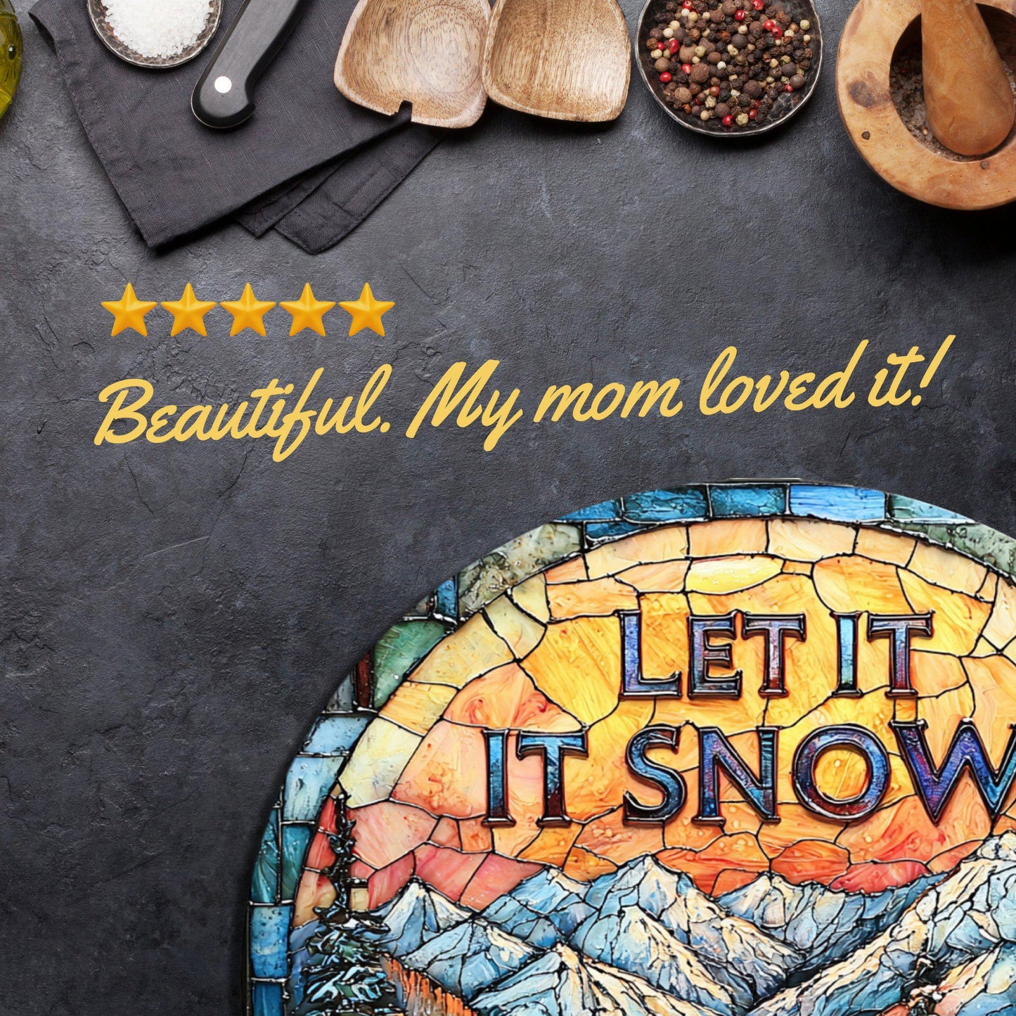 Let It Snow Glass Cutting Board 8-inch Round Trivet Charcuterie Board Gift for Her Mom Kitchen Decor