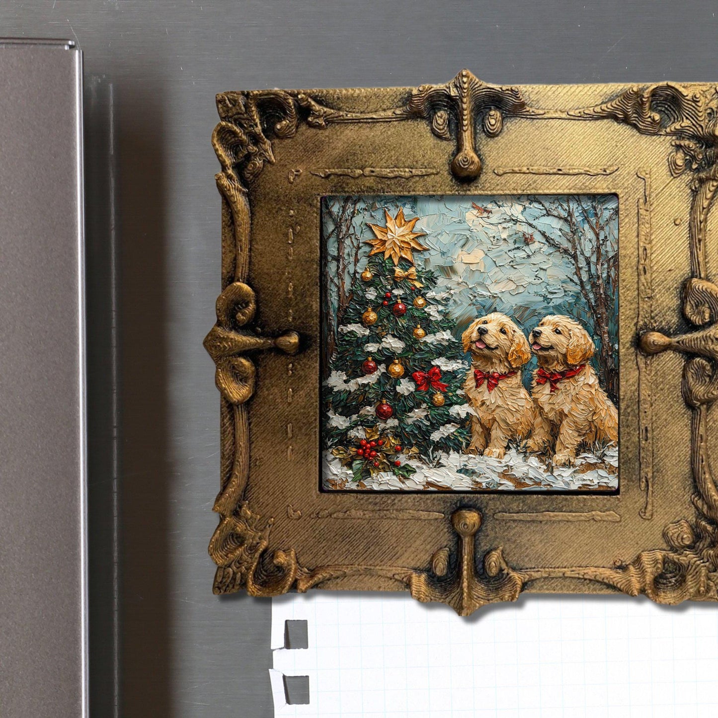 Puppy Christmas Tree Tiny Art Fridge Magnet Gold Framed Fridgescaping Art Picture Gallery Tiny Art Gift for Her Wife Mom