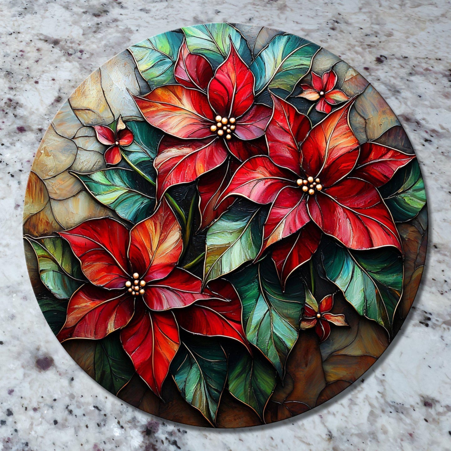 Christmas Floral Glass Cutting Board 8-inch Round Trivet Charcuterie Board Gift for Her Mom Kitchen Decor