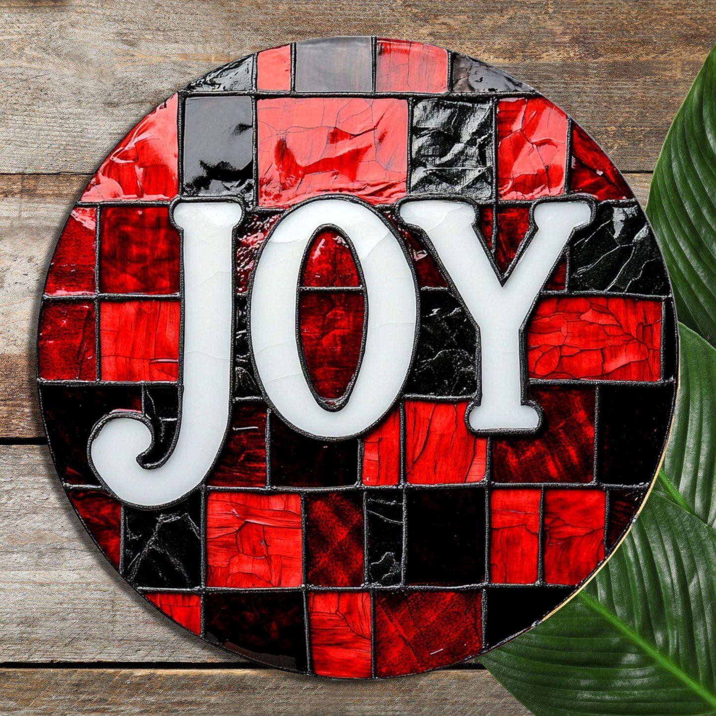 Joy on Red and Black Glass Cutting Board 8-inch Round Trivet Charcuterie Board Gift for Her Mom Kitchen Decor