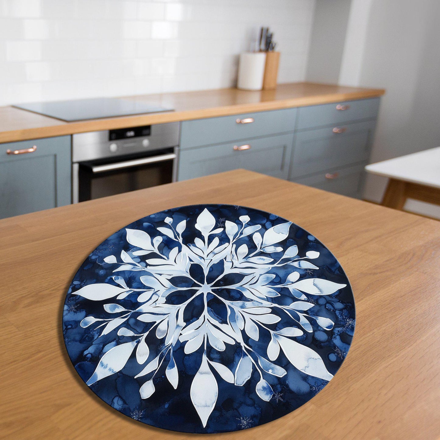 Scandinavian Snowflake Glass Cutting Board 8-inch Round Trivet Charcuterie Board Gift for Her Mom Kitchen Decor