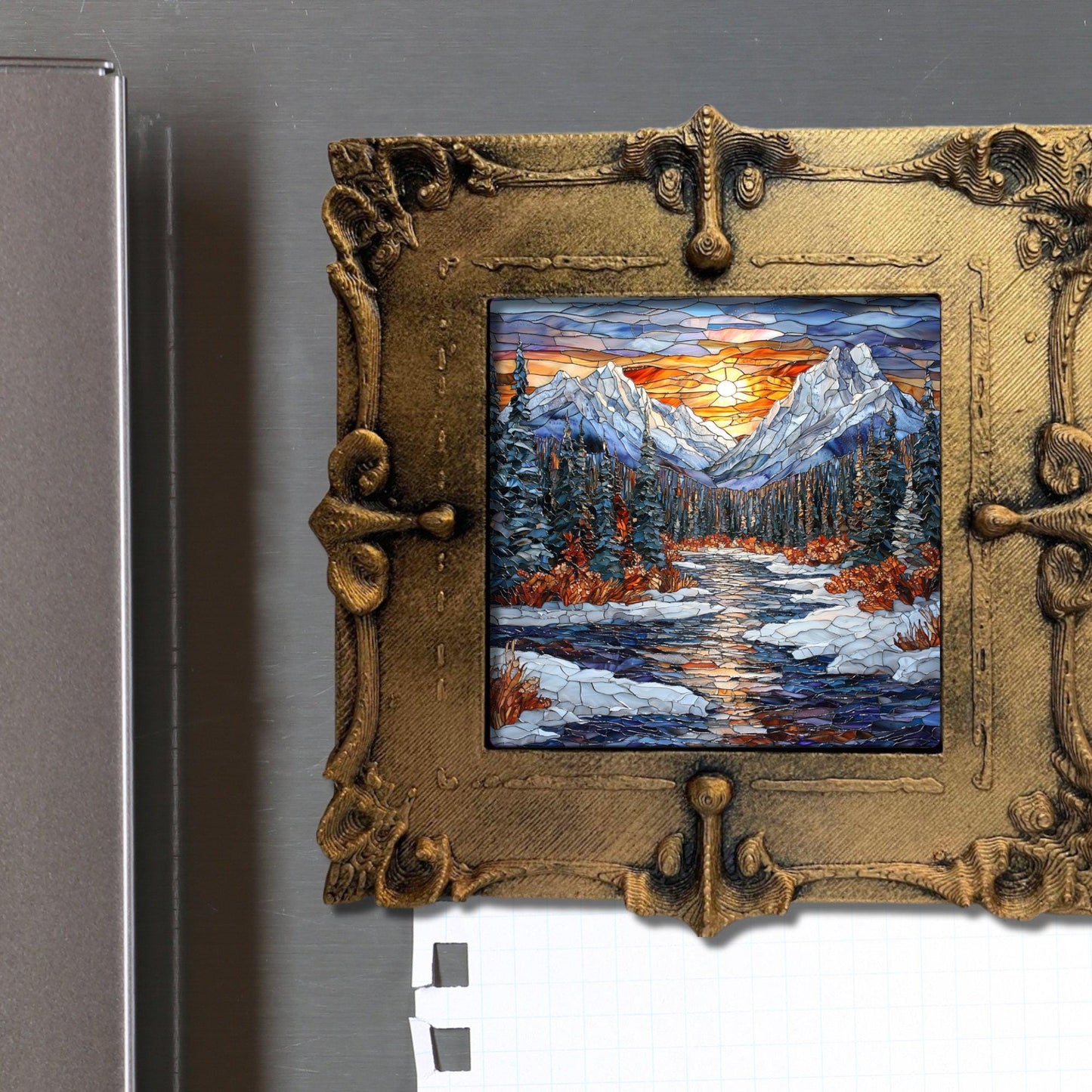 Rocky Mountain Winter Tiny Art Fridge Magnet Gold Framed Fridgescaping Art Picture Gallery Tiny Art Gift for Her Wife Mom