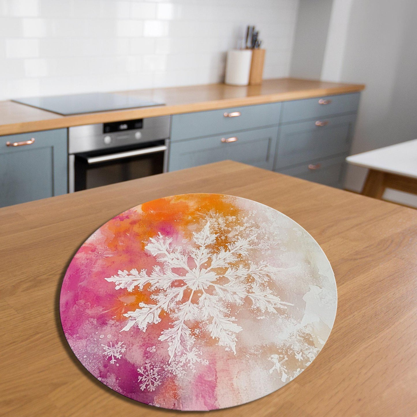 Snowflake on Orange and Pink Glass Cutting Board 8-inch Round Trivet Charcuterie Board Gift for Her Mom Kitchen Decor