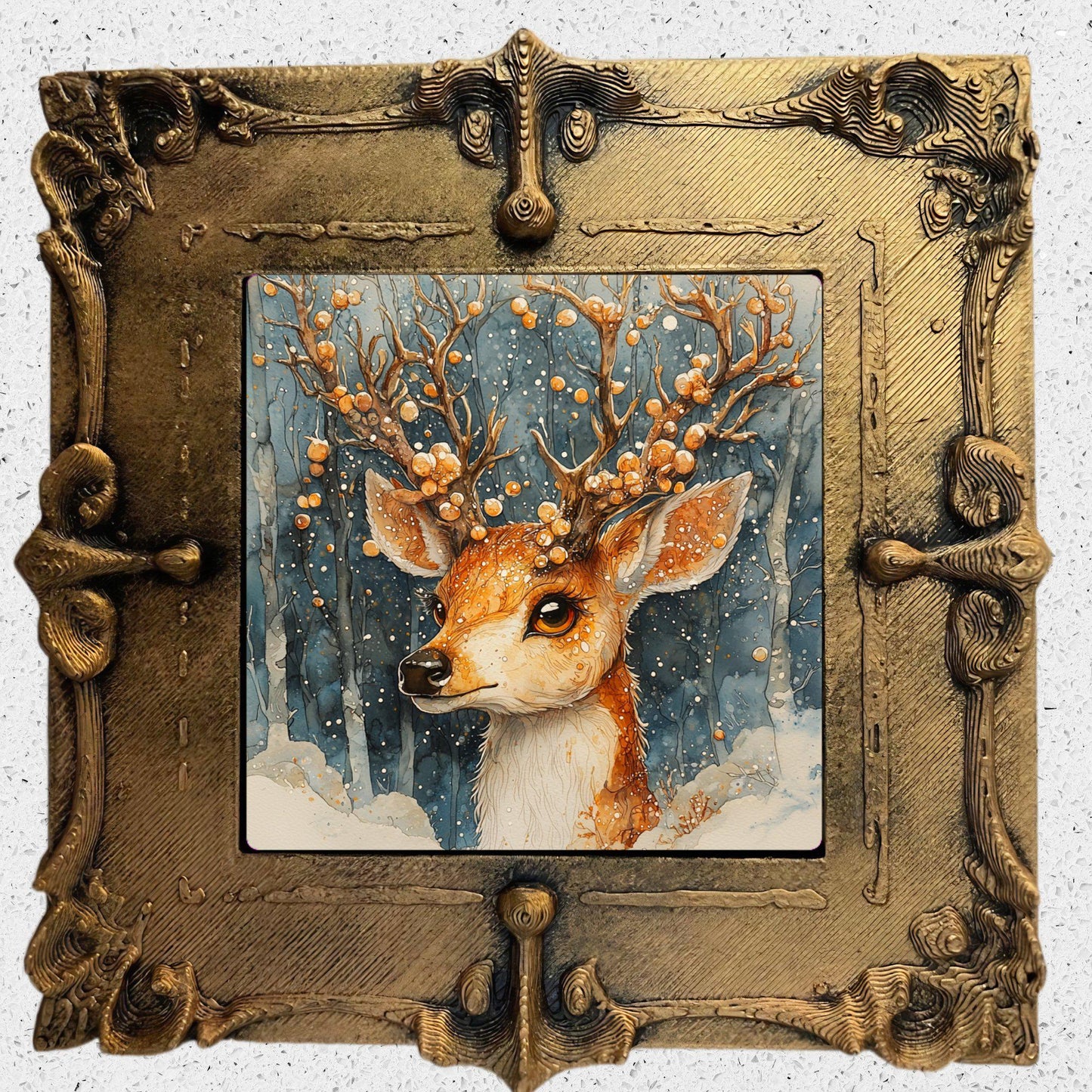 Reindeer Christmas Tiny Art Fridge Magnet Gold Framed Fridgescaping Art Picture Gallery Tiny Art Gift for Her Wife Mom