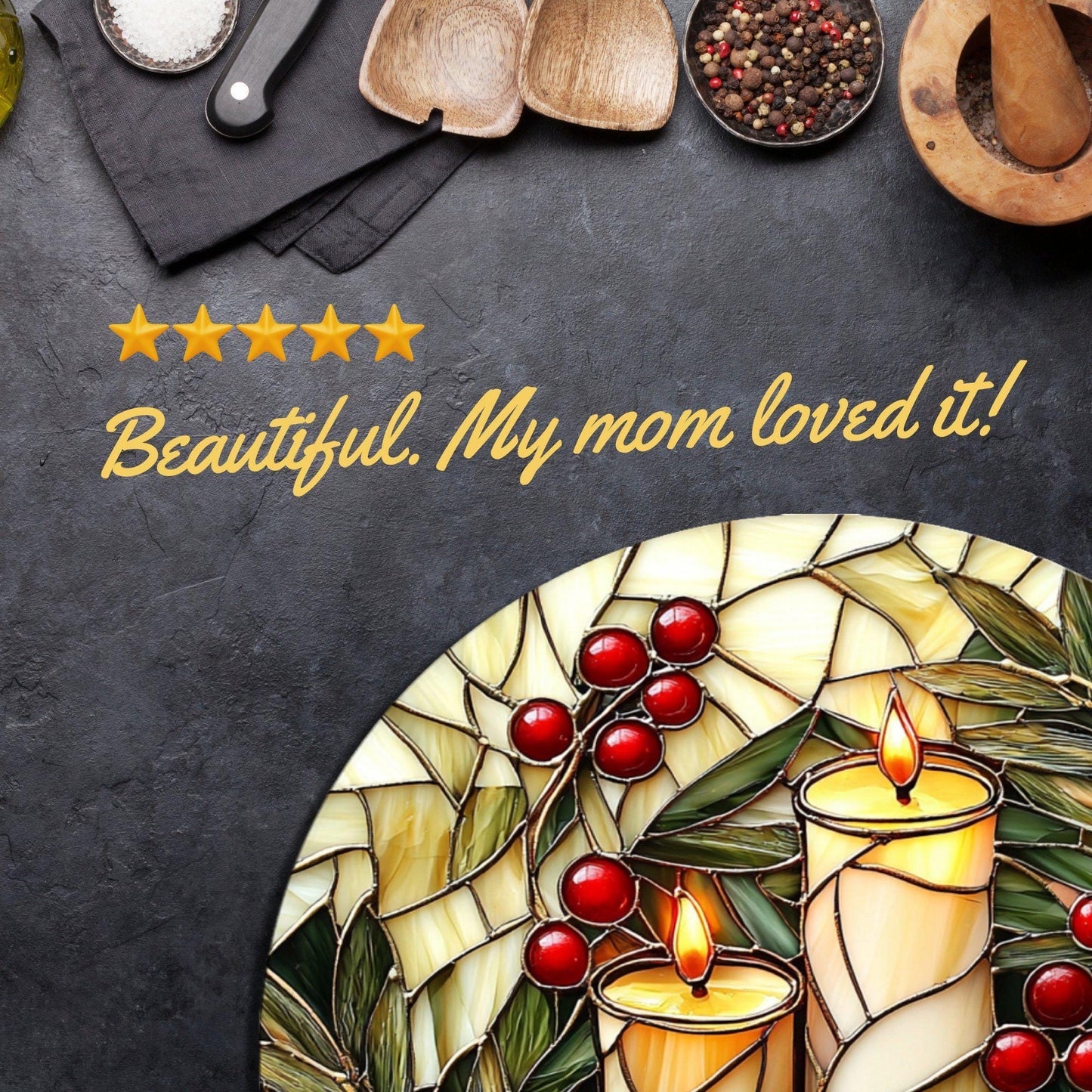 White Christmas Candles Glass Cutting Board 8-inch Round Trivet Charcuterie Board Gift for Her Mom Kitchen Decor