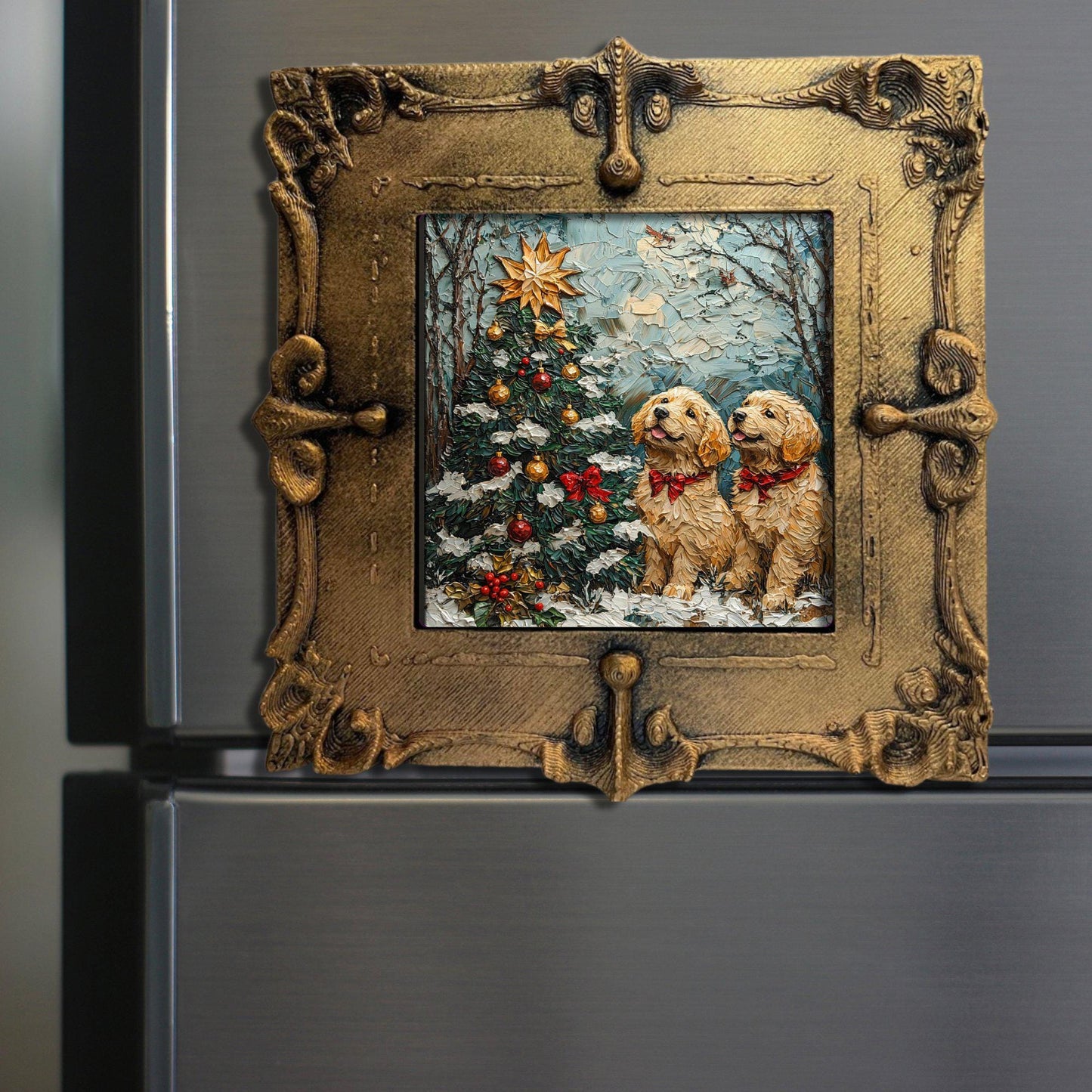 Puppy Christmas Tree Tiny Art Fridge Magnet Gold Framed Fridgescaping Art Picture Gallery Tiny Art Gift for Her Wife Mom