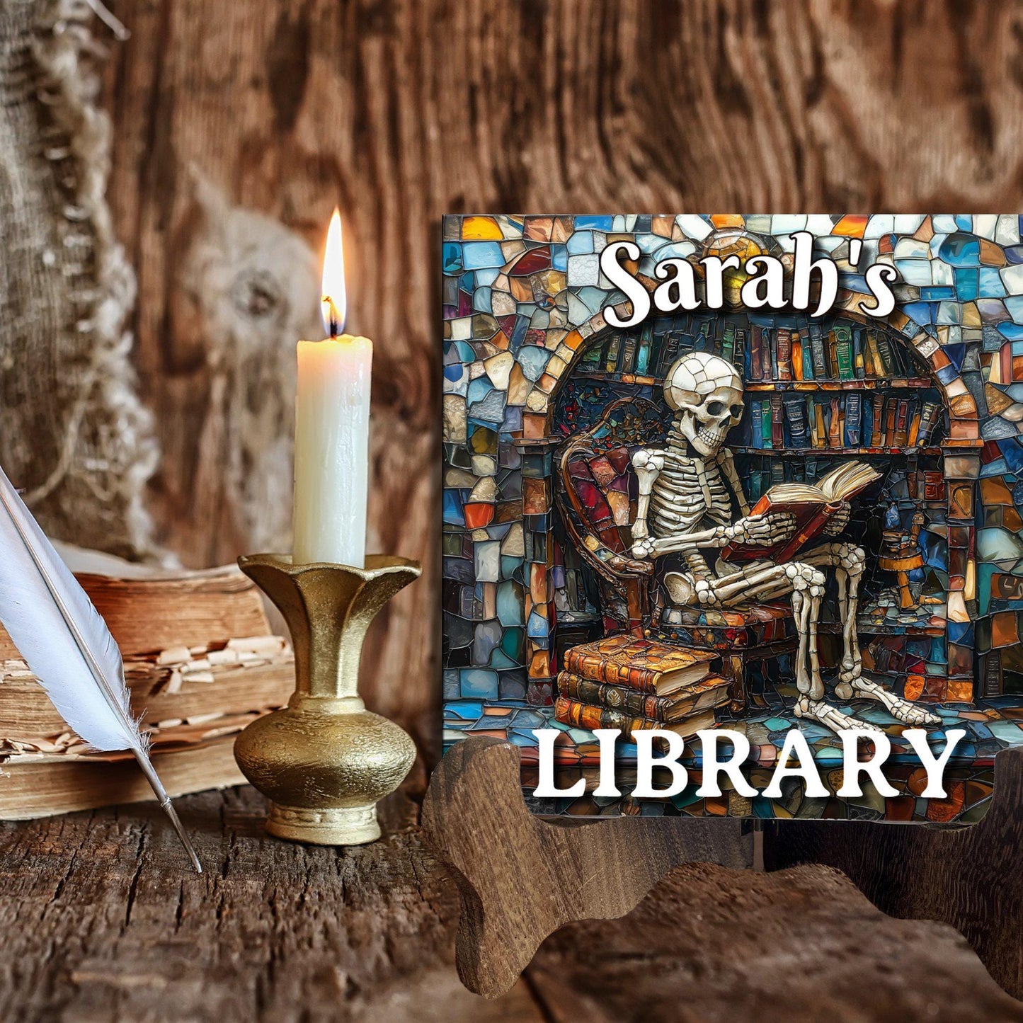 Skeleton Reading Personalized Library Sign Book Lover Bookworm Biblio Gift Book Nook Shelf Decor Booktoker-Gift for Bookish