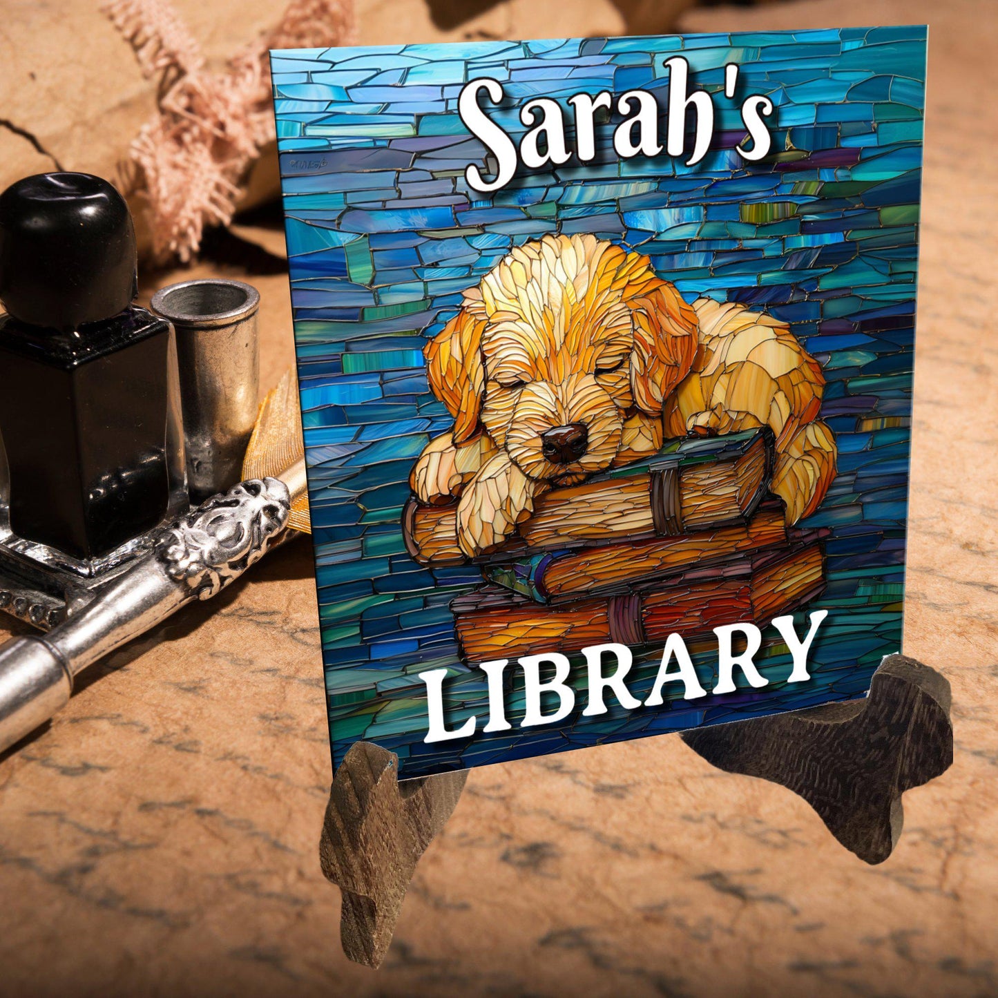 Puppy Sleeping Personalized Library Sign Book Lover Bookworm Biblio Gift Book Nook Shelf Decor Booktoker-Gift for Bookish