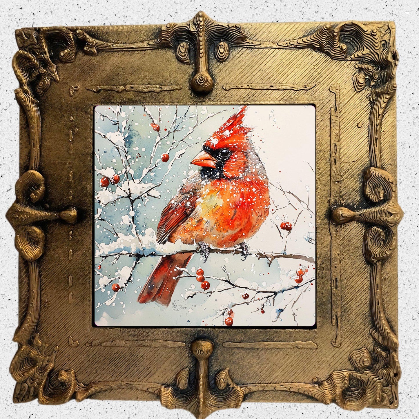 Wintery Cardinal Scene Tiny Art Fridge Magnet Gold Framed Fridgescaping Art Picture Gallery Tiny Art Gift for Her Wife Mom