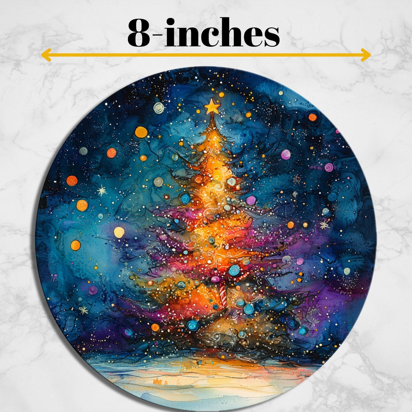 Christmas Tree in Alcohol Ink Glass Cutting Board 8-inch Round Trivet Charcuterie Board Gift for Her Mom Kitchen Decor