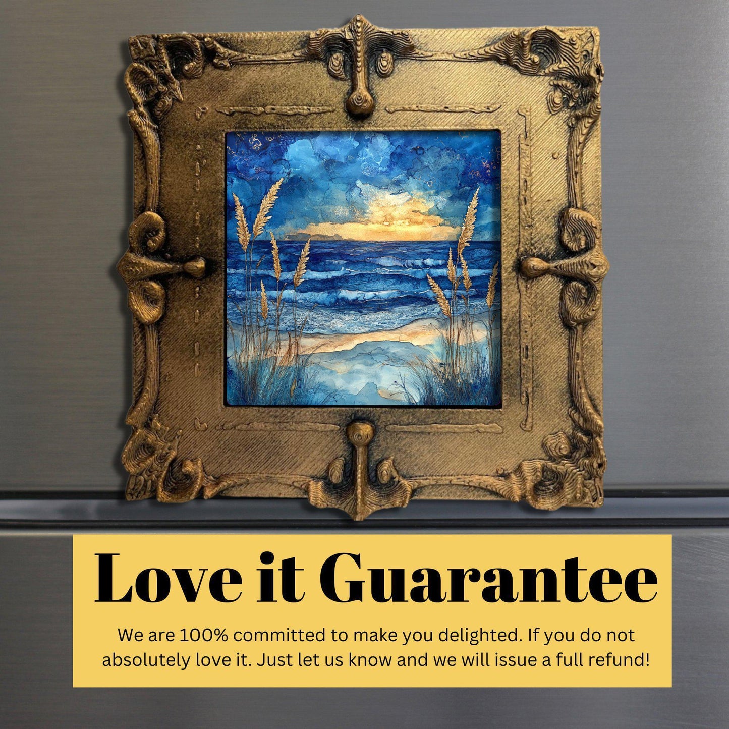 Blue Sea Oats Gold Framed Refrigerator Magnet, Mini Art, Grand Millennial Style, Artful Kitchen Decor, Gift for Her fridgescaping