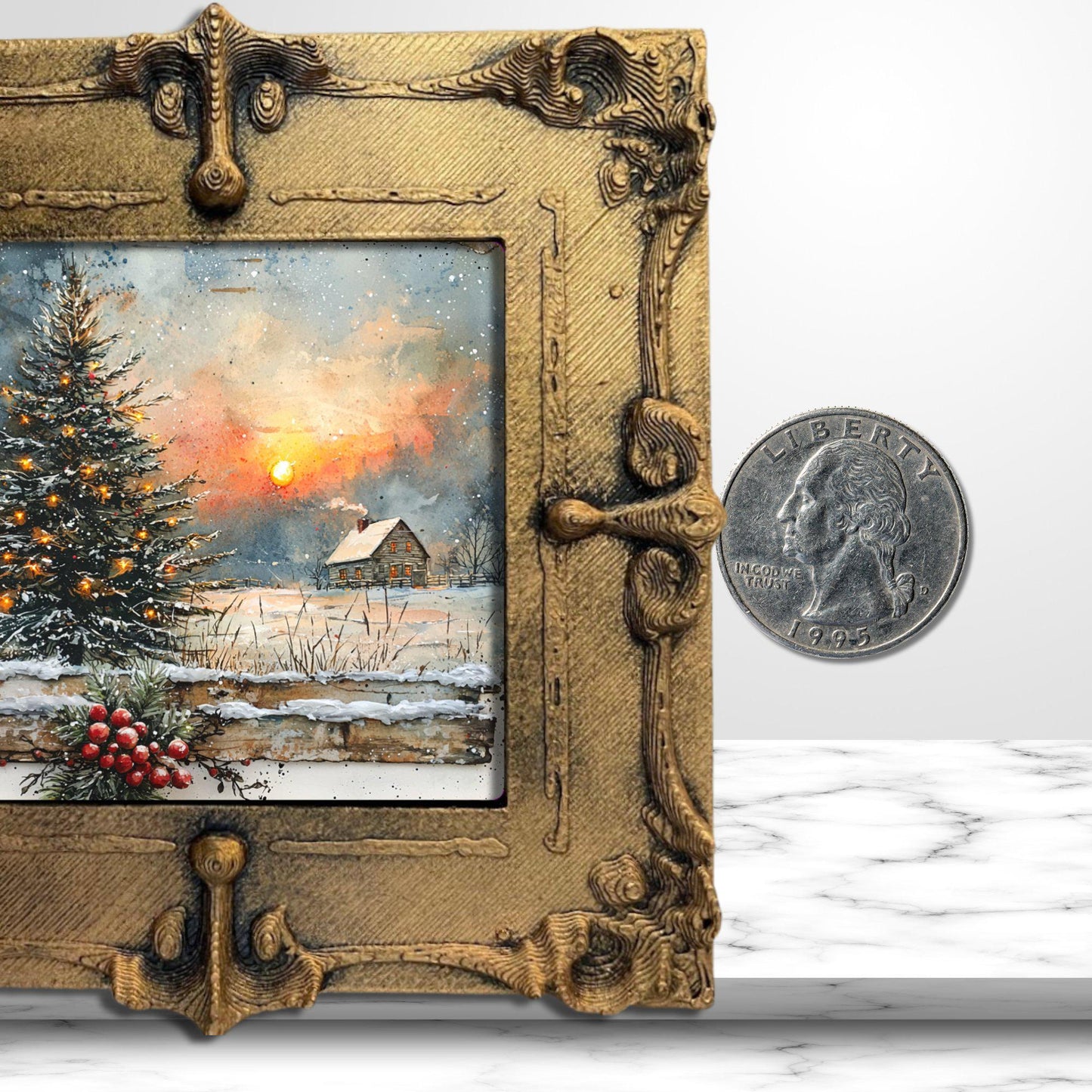 Rustic Farmhouse Christmas Tiny Art Fridge Magnet Gold Framed Fridgescaping Art Picture Gallery Tiny Art Gift for Her Wife Mom