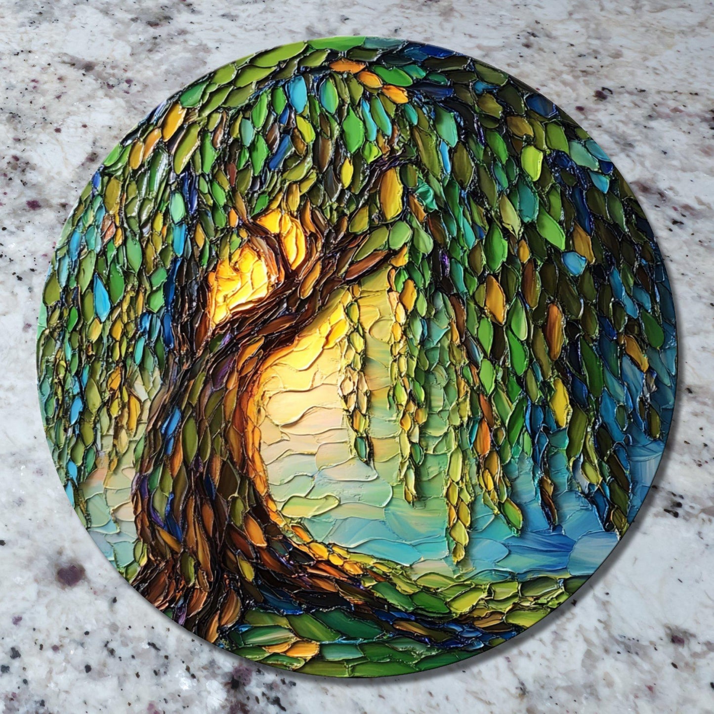 Weeping Willow Glass Cutting Board 8-inch Round Trivet Charcuterie Board Gift for Her Mom Kitchen Decor