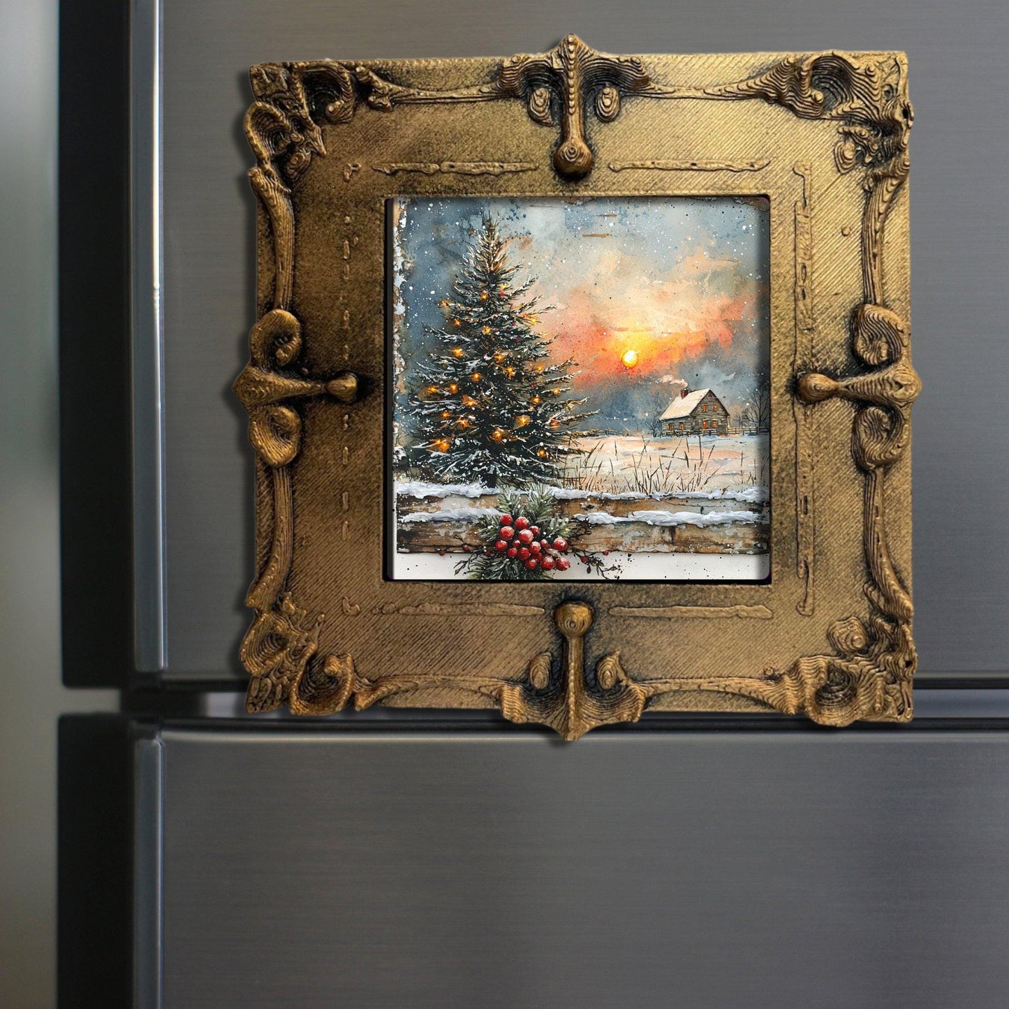 Rustic Farmhouse Christmas Tiny Art Fridge Magnet Gold Framed Fridgescaping Art Picture Gallery Tiny Art Gift for Her Wife Mom