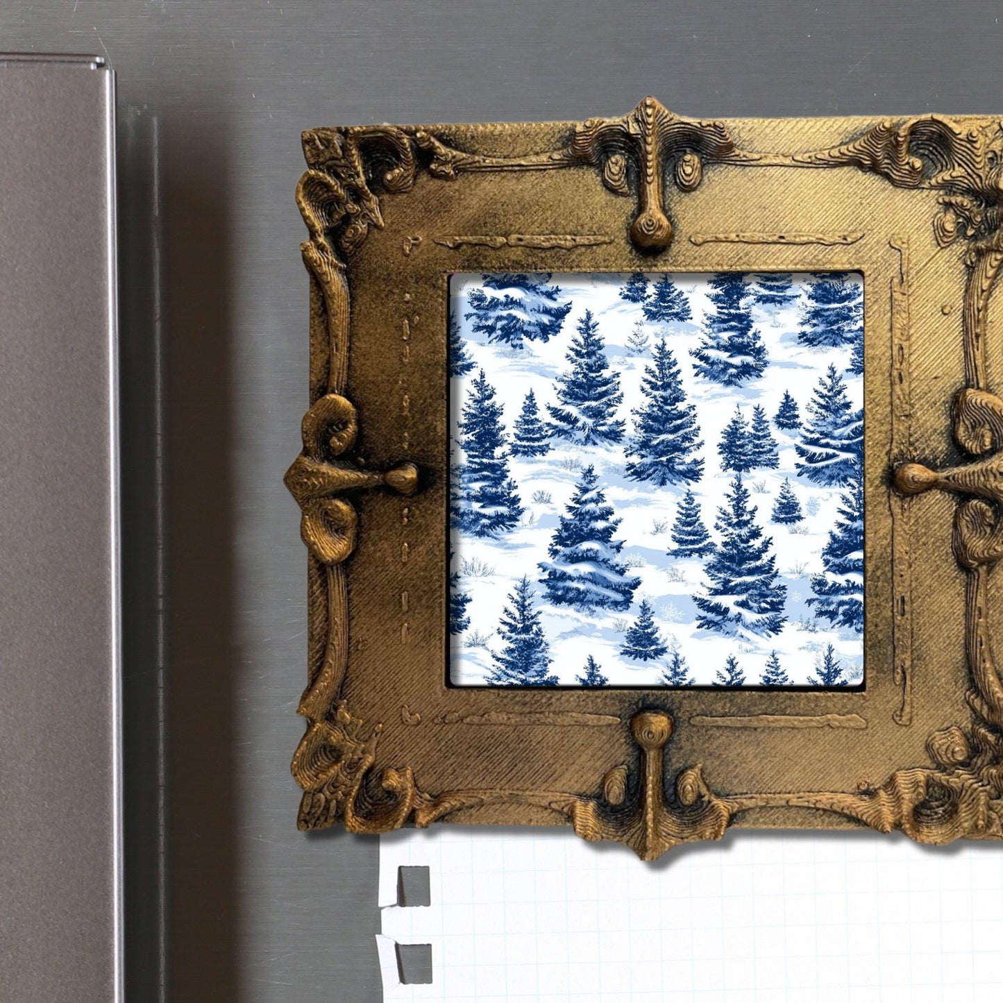 Blue Toile Snowy Christmas Tiny Art Fridge Magnet Gold Framed Fridgescaping Art Picture Gallery Tiny Art Gift for Her Wife Mom